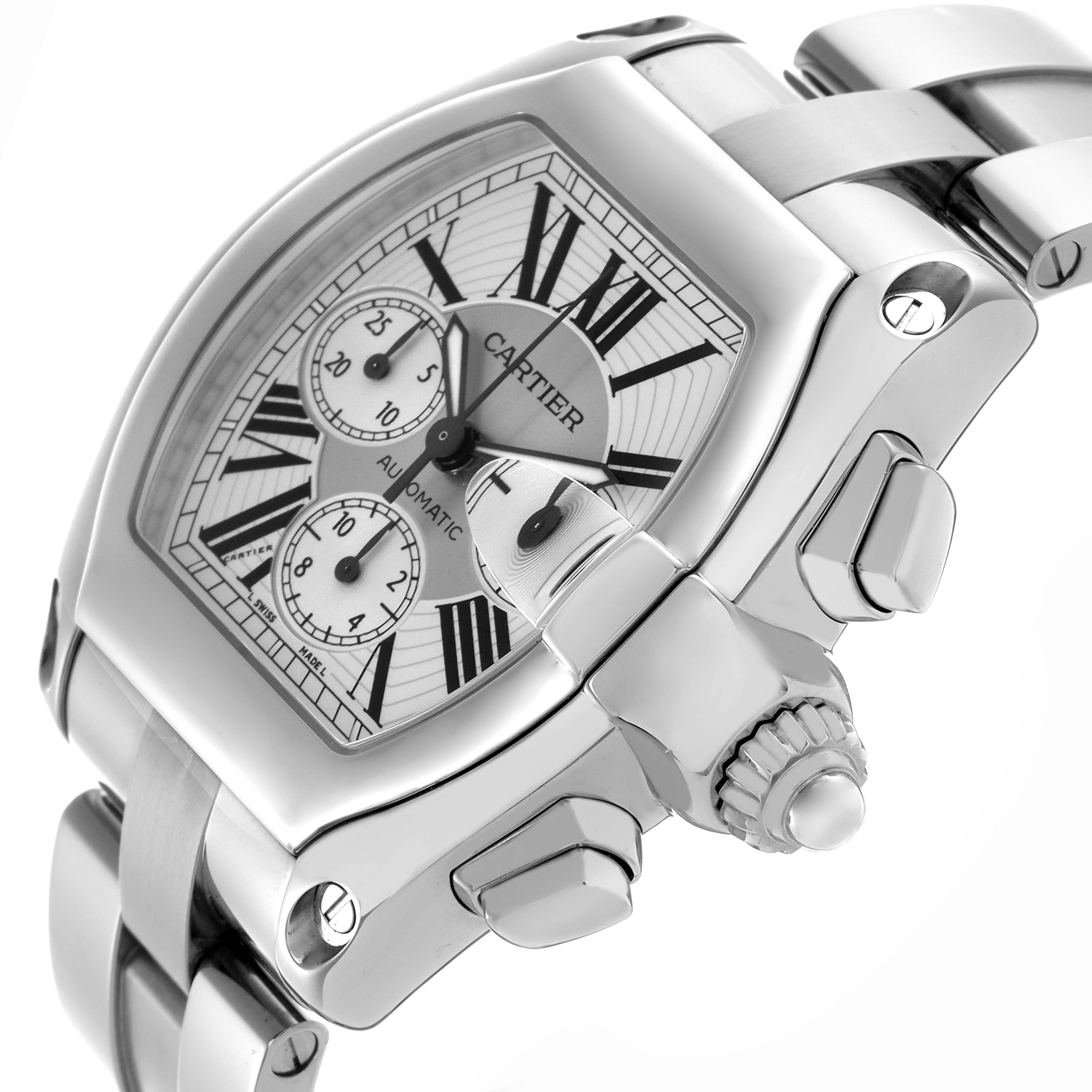 The Cartier Roadster W62019X6 Men
s Stainless Steel Silver Dial W62019X6 Men
s Stainless Steel Silver Dial watch is shown at a side angle, highlighting the crown and bracelet.