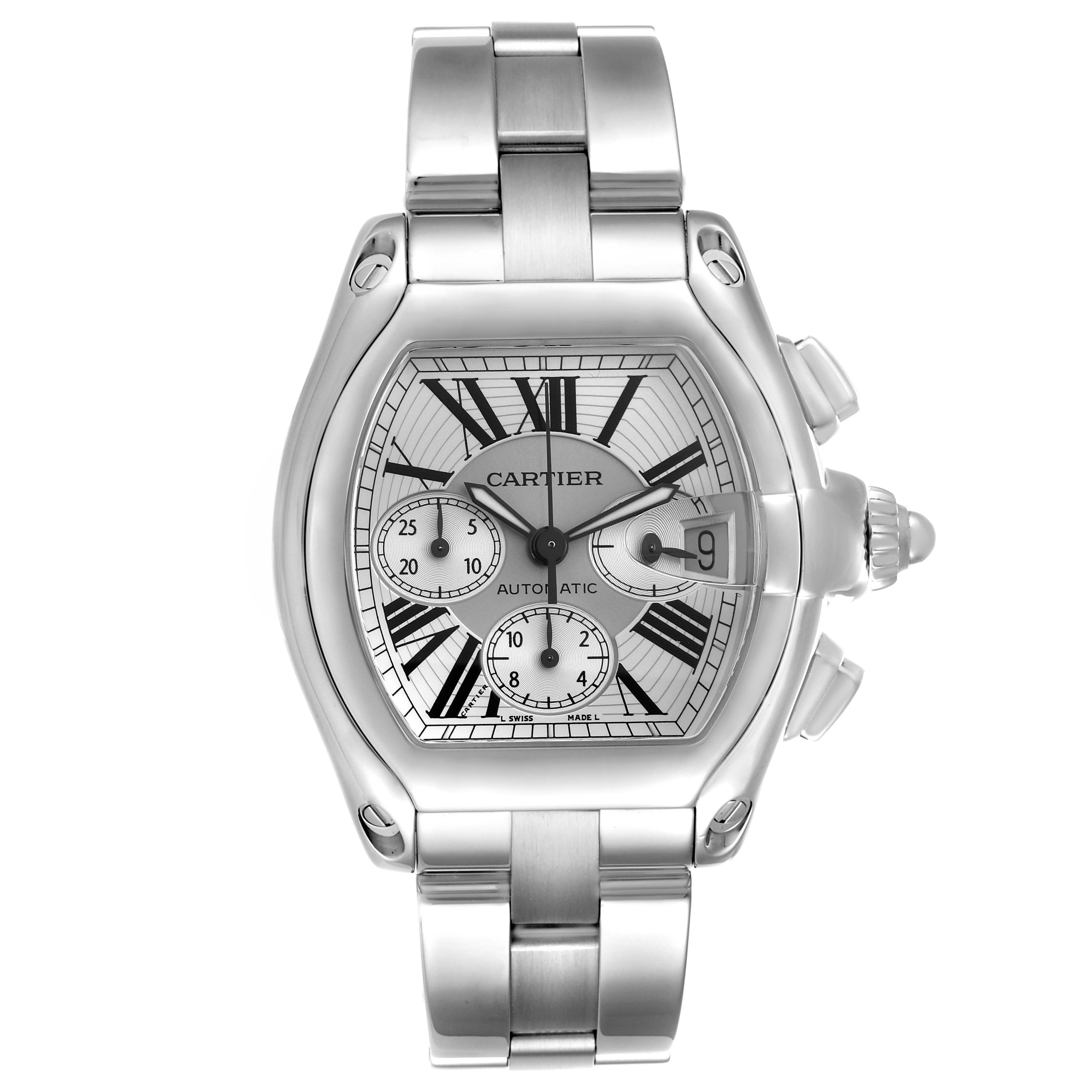 The Cartier Roadster W62019X6 Men
s Stainless Steel Silver Dial W62019X6 Men
s Stainless Steel Silver Dial watch is shown from the front, displaying the face, dial, and bracelet.