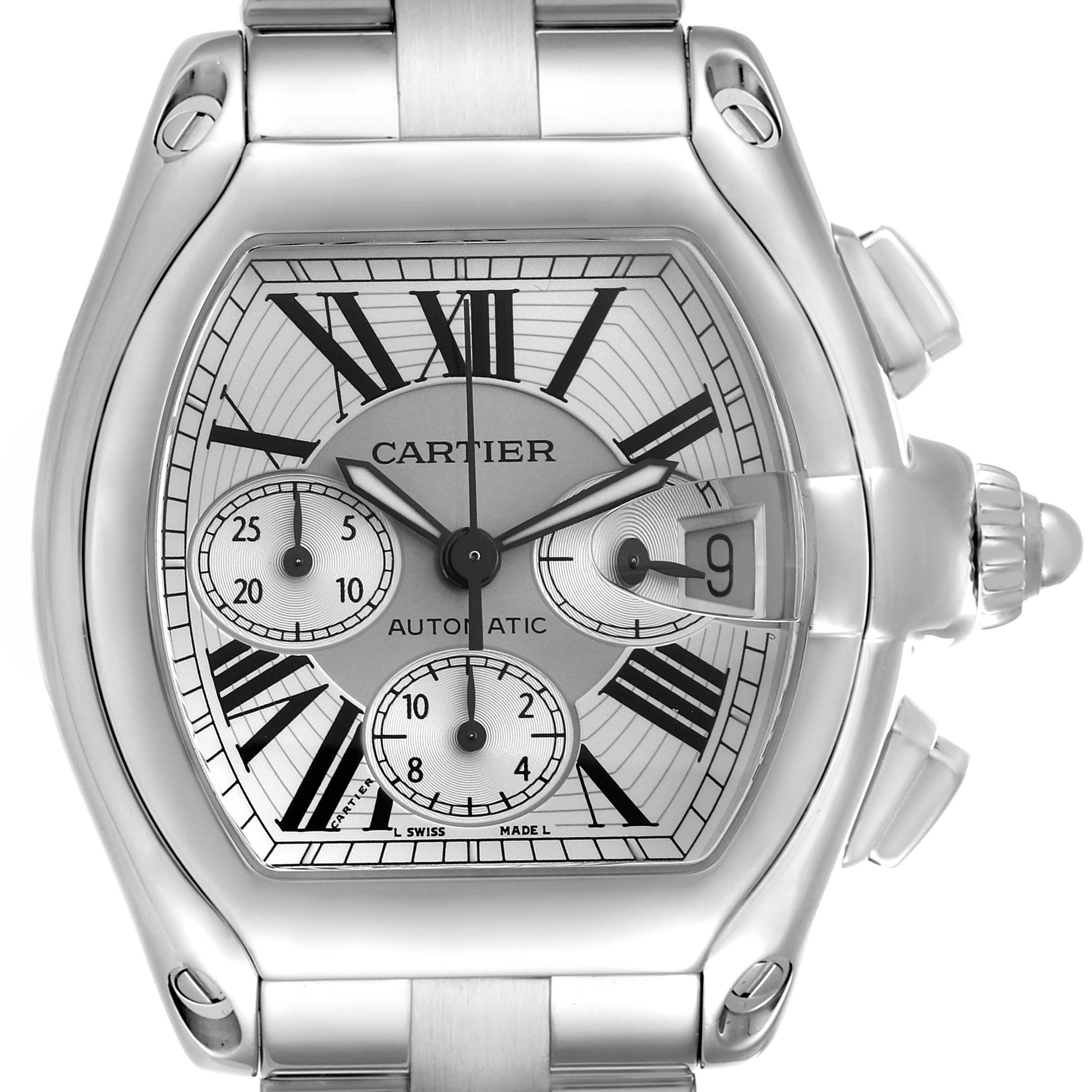 The Cartier Roadster W62019X6 Men
s Stainless Steel Silver Dial W62019X6 Men
s Stainless Steel Silver Dial watch is shown from the front, displaying its face, Roman numerals, subdials, and date window.
