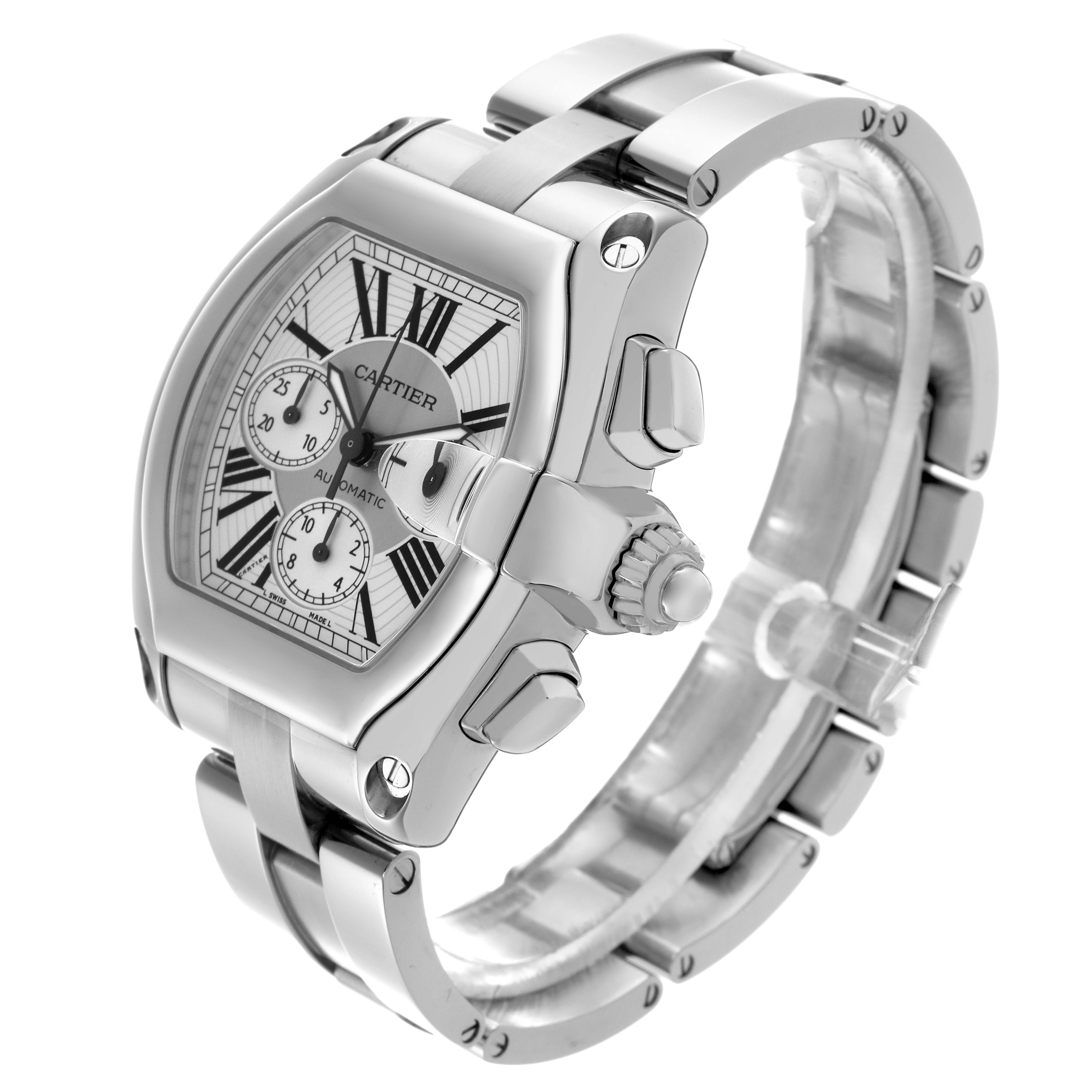 The Cartier Roadster W62019X6 Men
s Stainless Steel Silver Dial W62019X6 Men
s Stainless Steel Silver Dial watch is shown at an angled side view, highlighting its dial, crown, and bracelet.