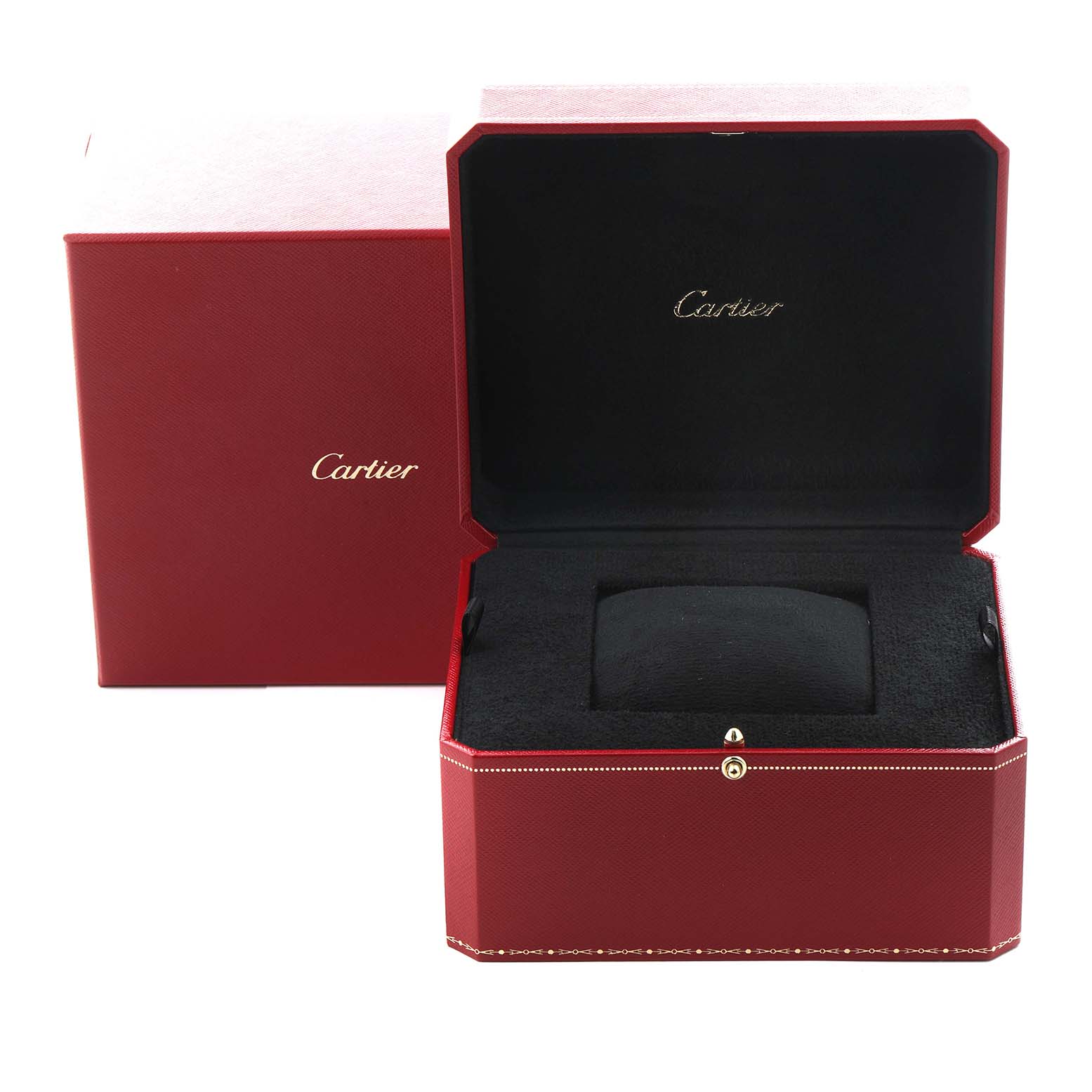 The image shows a Cartier Roadster W62019X6 Men
s Stainless Steel Silver Dial W62019X6 Men
s Stainless Steel Silver Dial watch box from a front angle, highlighting its red exterior and black interior.