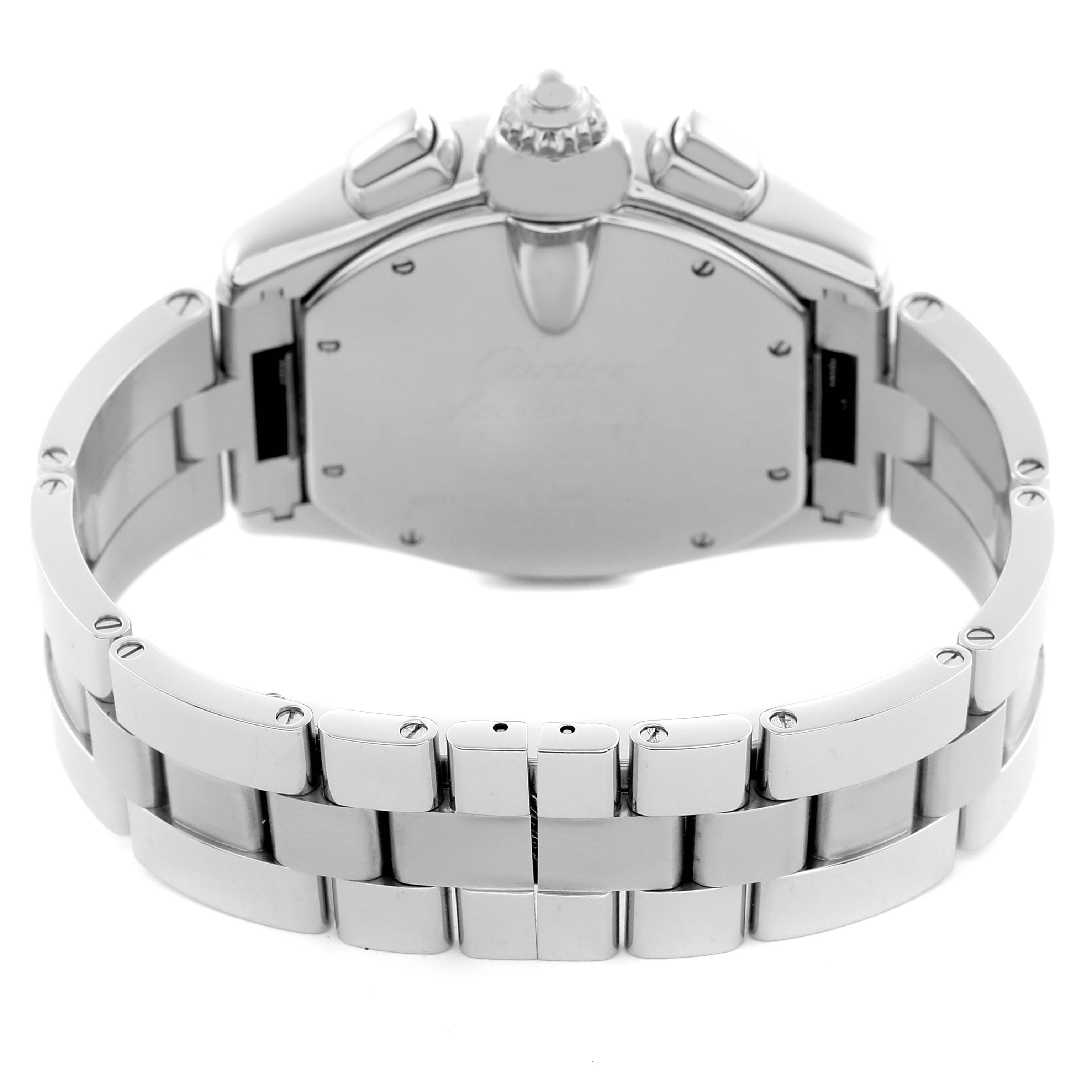 The image shows the back and bracelet of the Cartier Roadster W62019X6 Men
s Stainless Steel Silver Dial W62019X6 Men
s Stainless Steel Silver Dial watch, highlighting the clasp and crown.