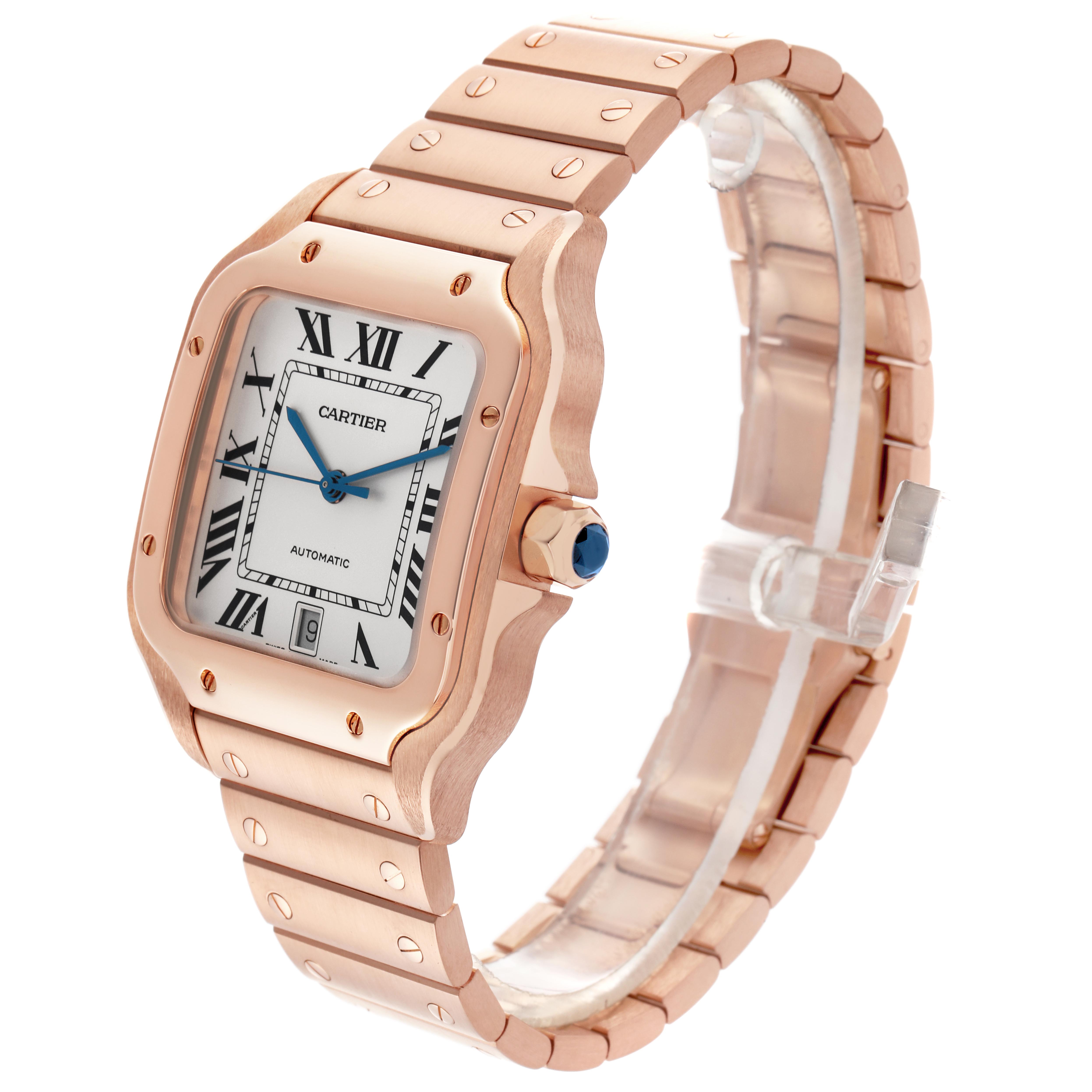 The Cartier Santos WGSA0018 Men
s Rose Gold Silver Dial WGSA0018 Men
s Rose Gold Silver Dial watch is shown at a three-quarter angle, highlighting the face, bezel, and bracelet.