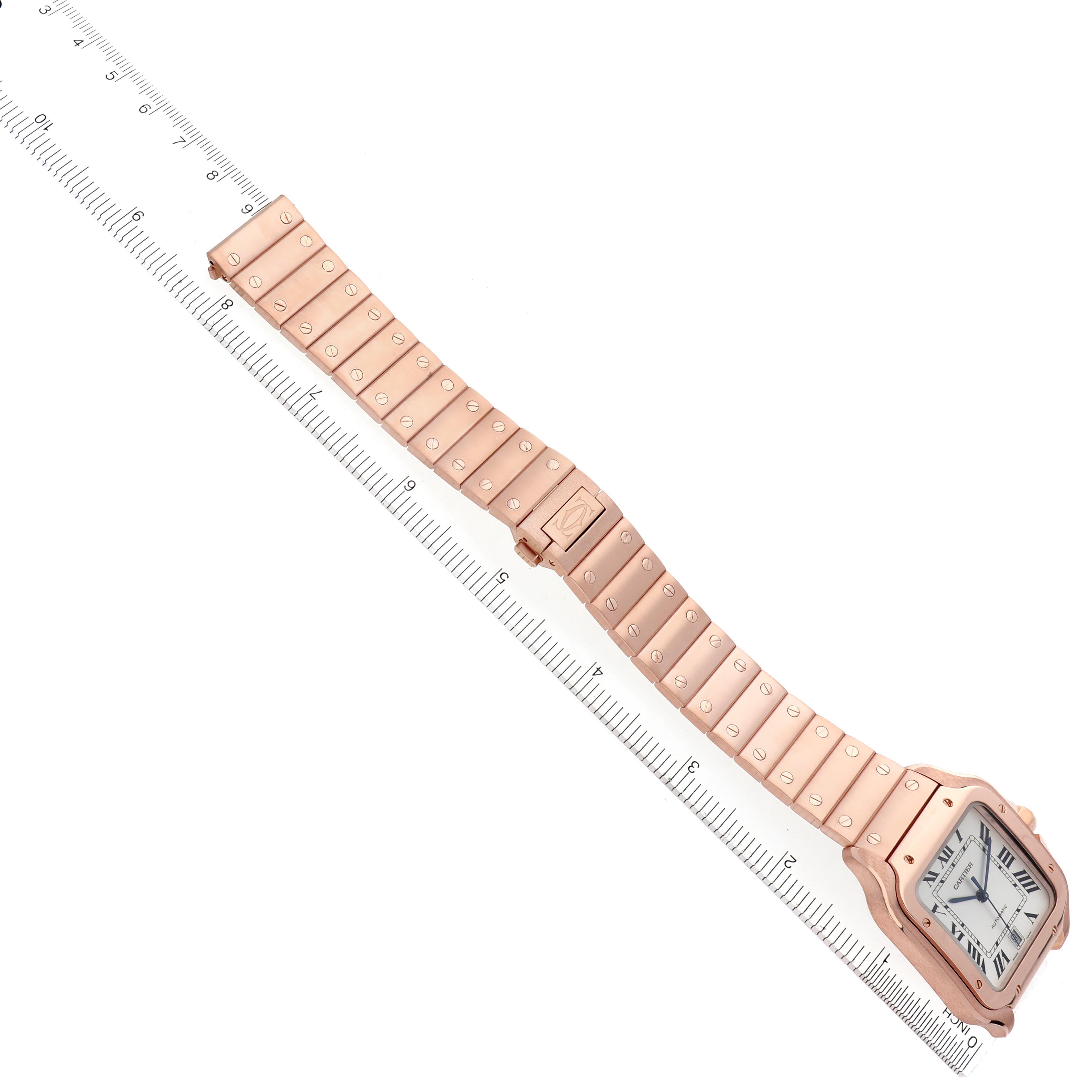 The Cartier Santos WGSA0018 Men
s Rose Gold Silver Dial WGSA0018 Men
s Rose Gold Silver Dial watch is shown at a diagonal angle, highlighting the face and full linked strap.
