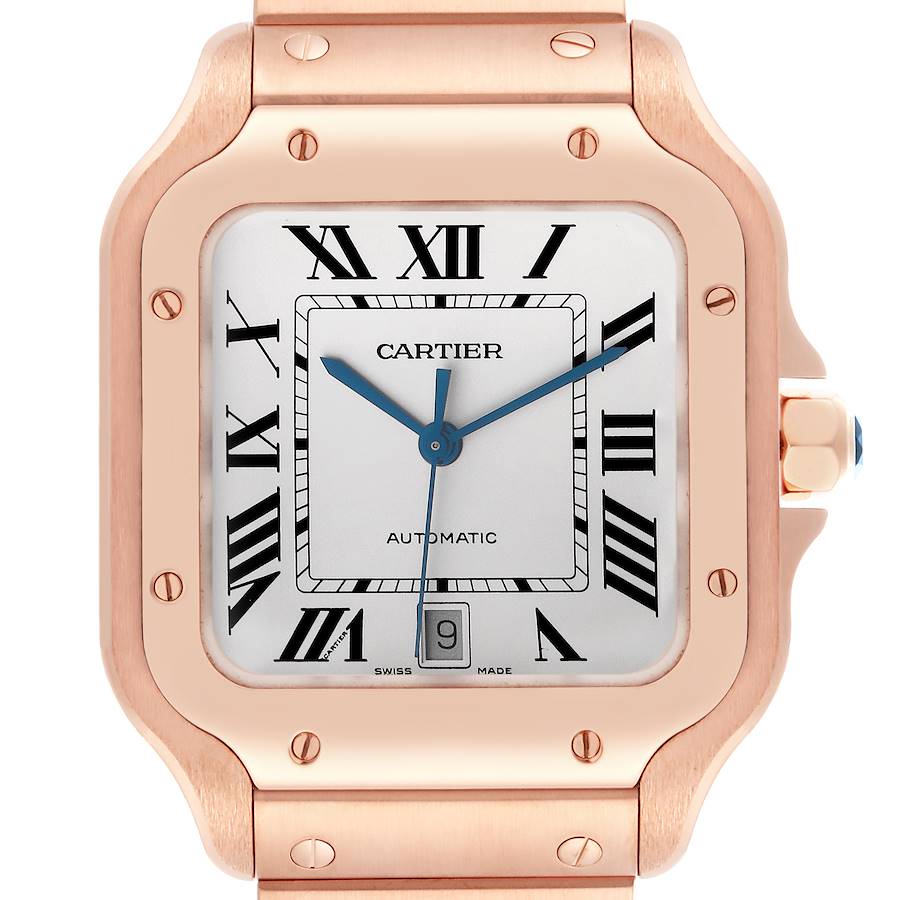 The Cartier Santos watch is shown from the front, highlighting the dial, face, and part of the bracelet.