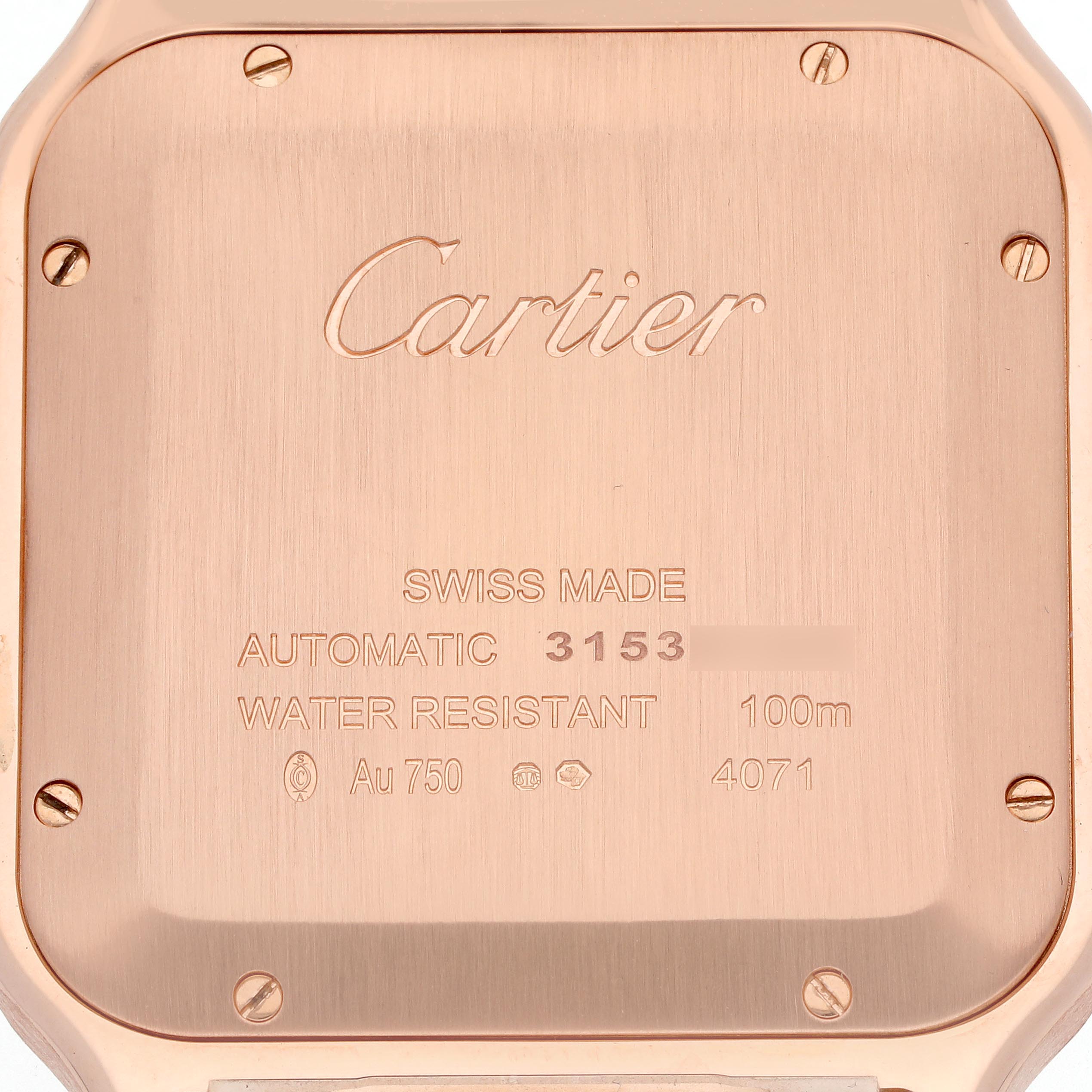 The image shows the back of a Cartier Santos WGSA0018 Men
s Rose Gold Silver Dial WGSA0018 Men
s Rose Gold Silver Dial watch, highlighting the engraved details and screws.