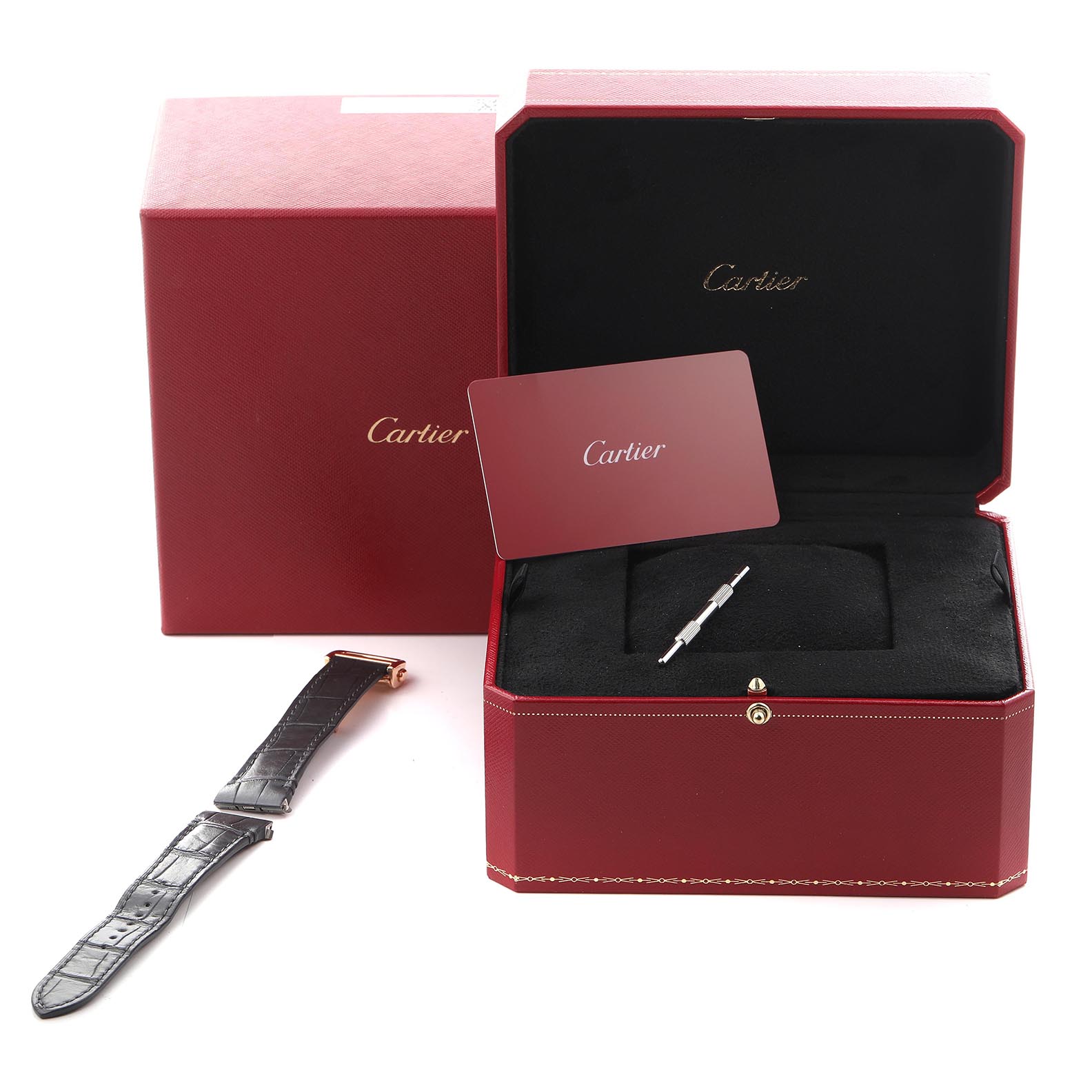The image shows a Cartier Santos WGSA0018 Men
s Rose Gold Silver Dial WGSA0018 Men
s Rose Gold Silver Dial watch strap, red box, card, and spare link, angled from the front.