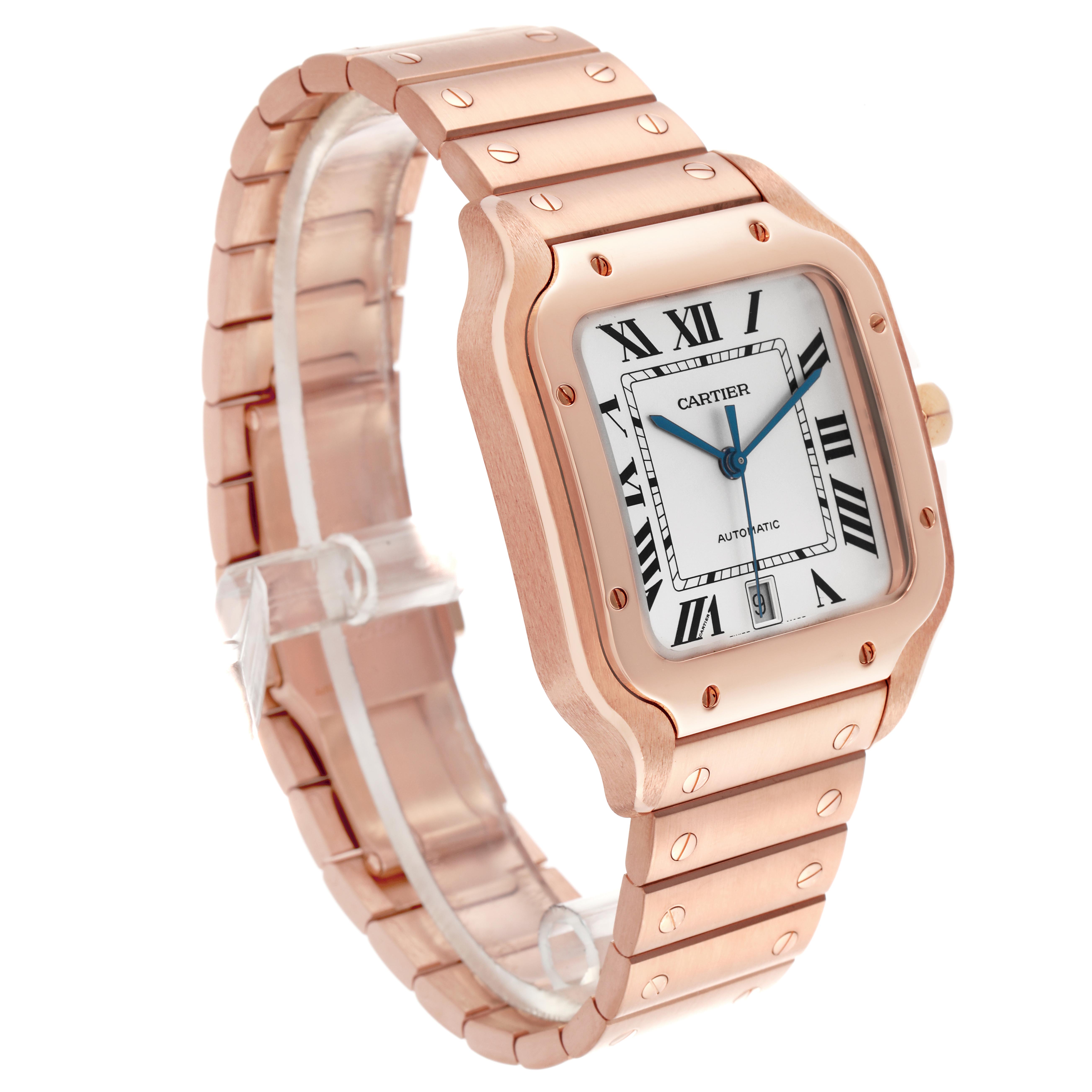 The Cartier Santos WGSA0018 Men
s Rose Gold Silver Dial WGSA0018 Men
s Rose Gold Silver Dial watch is shown at a three-quarter angle, highlighting the face, bezel, and bracelet.