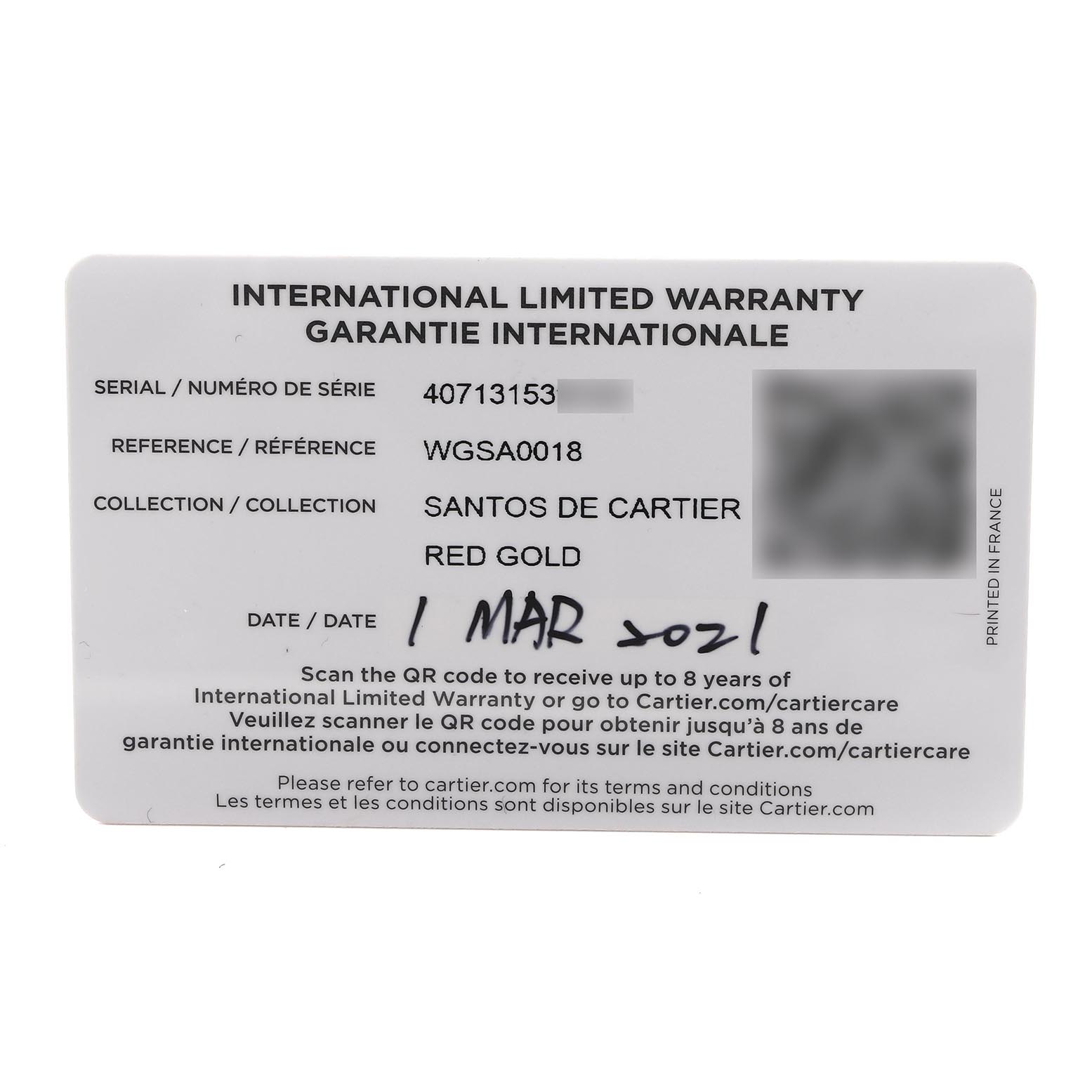 The image shows an International Limited Warranty card for a Cartier Santos WGSA0018 Men
s Rose Gold Silver Dial WGSA0018 Men
s Rose Gold Silver Dial model in red gold.
