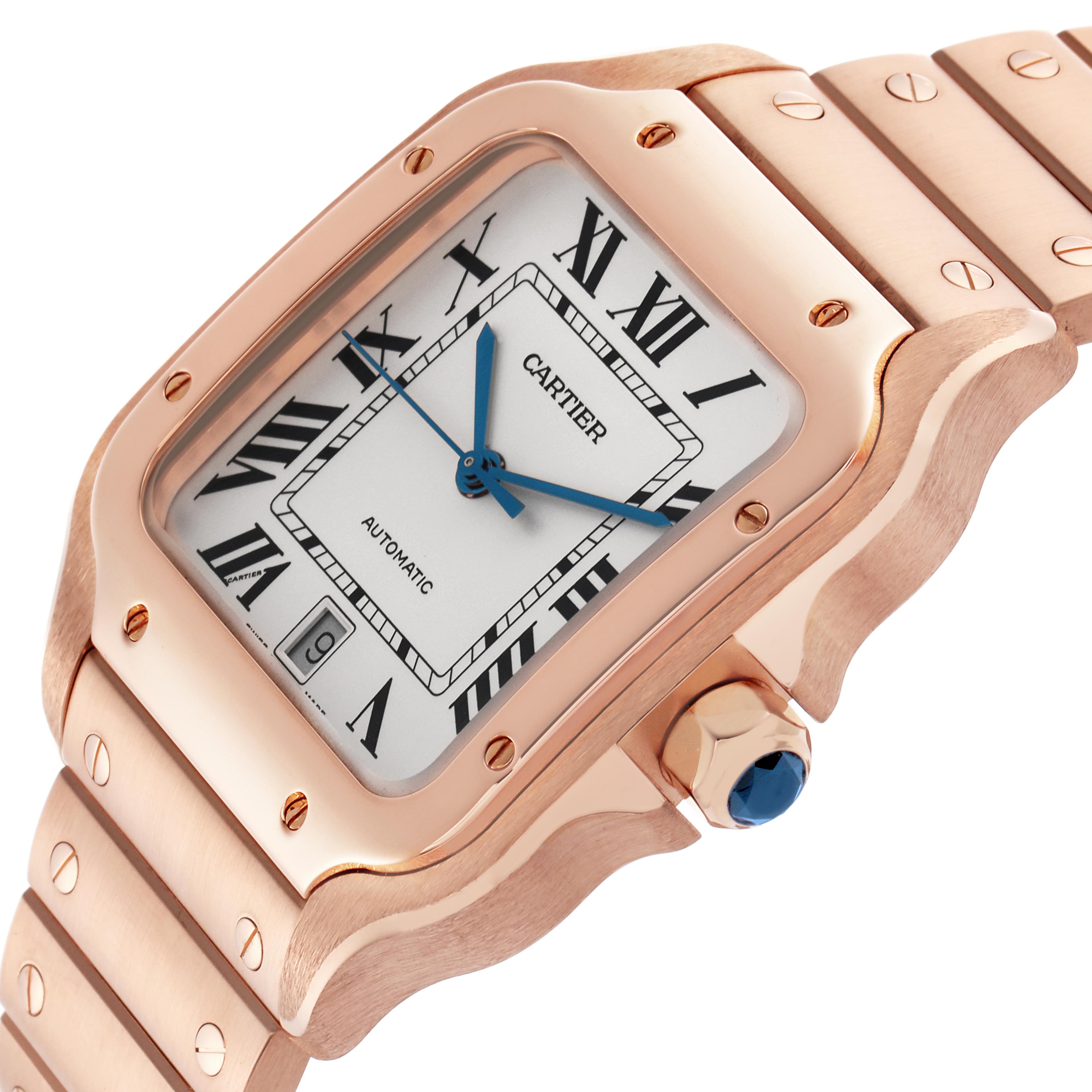 The Cartier Santos WGSA0018 Men
s Rose Gold Silver Dial WGSA0018 Men
s Rose Gold Silver Dial watch is shown from an angled view highlighting the face, crown, and part of the bracelet.