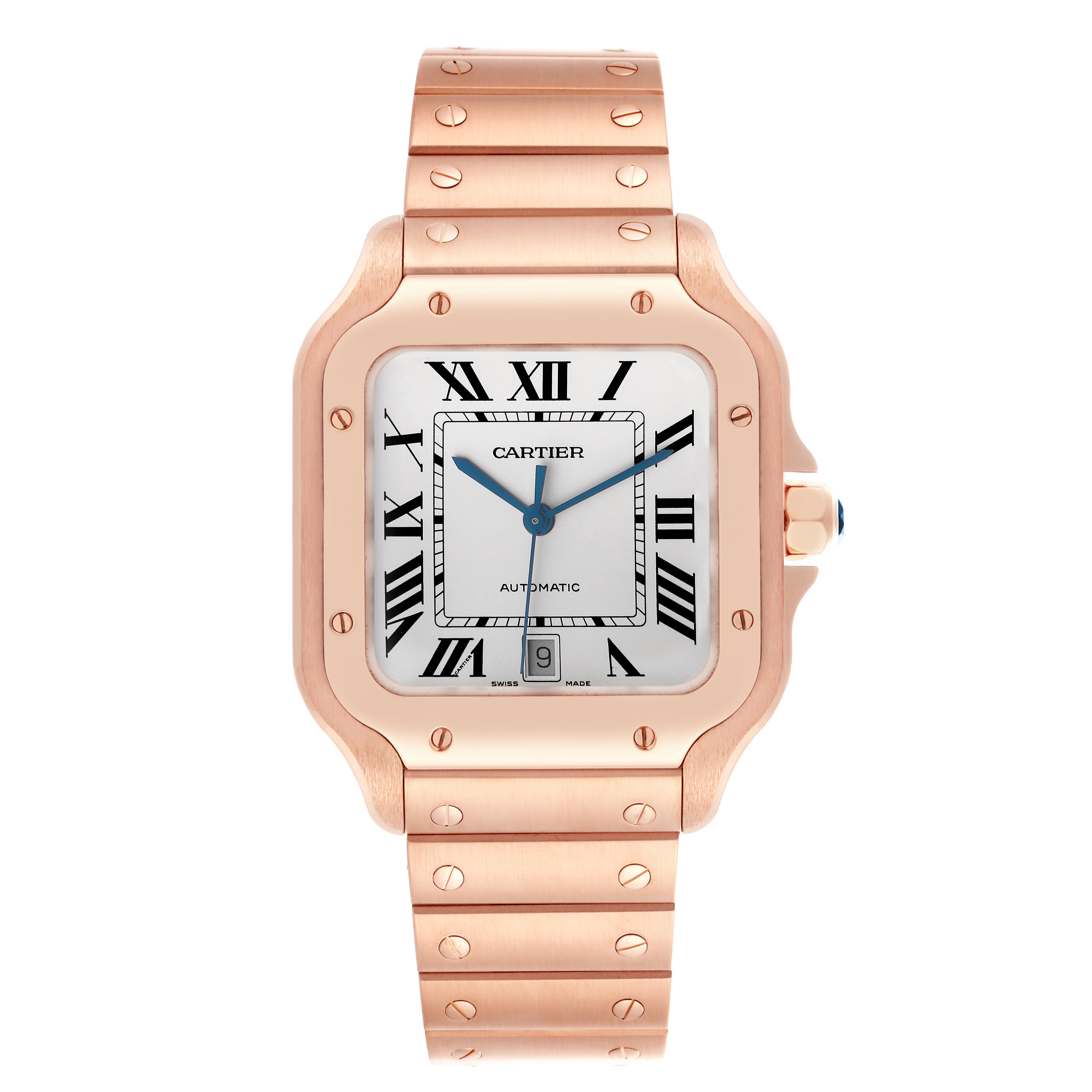 The Cartier Santos WGSA0018 Men
s Rose Gold Silver Dial WGSA0018 Men
s Rose Gold Silver Dial watch is shown from the front, displaying its face, bezel, and metal bracelet.