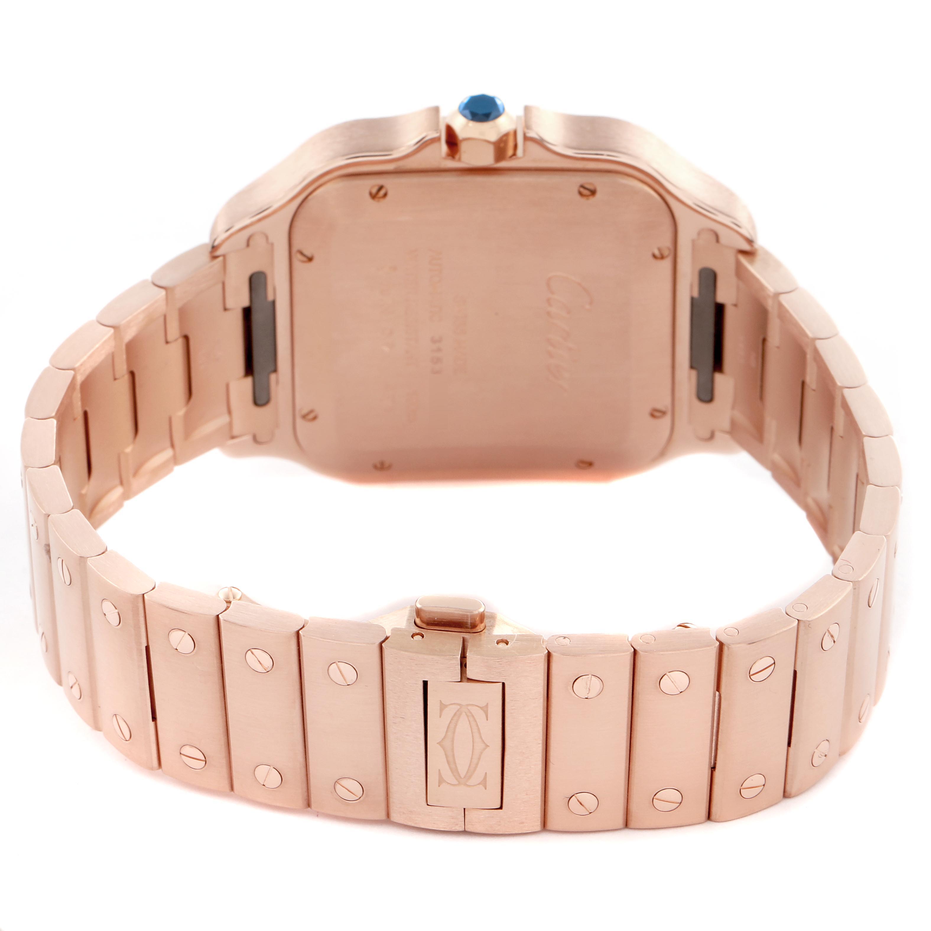 The image shows a Cartier Santos WGSA0018 Men
s Rose Gold Silver Dial WGSA0018 Men
s Rose Gold Silver Dial watch from the back, highlighting the bracelet and clasp with the case and crown partly visible.