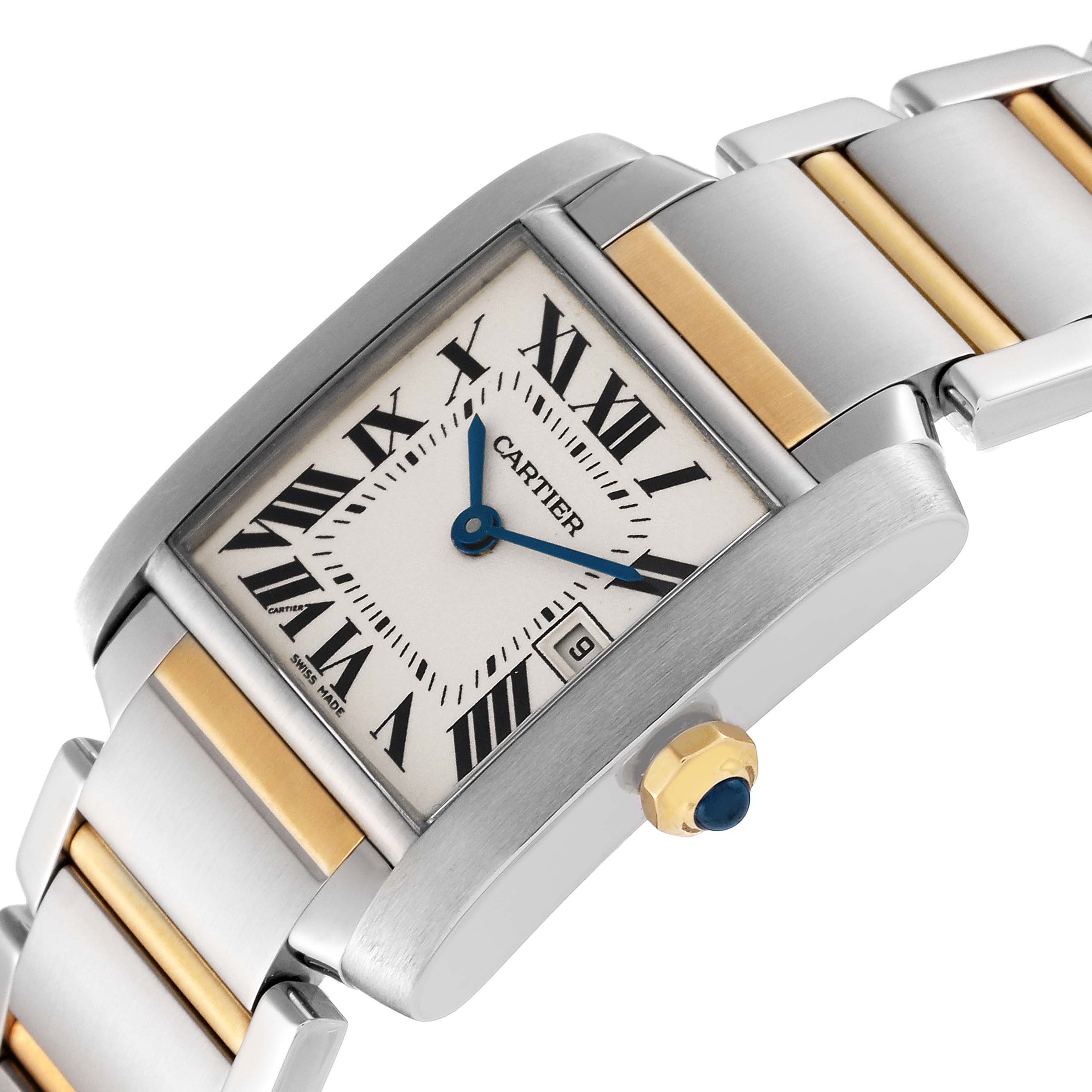 The Cartier Tank Francaise W51012Q4 Women's Steel and Gold (two tone) Silver Dial W51012Q4 Women's Steel and Gold (two tone) Silver Dial watch is shown at an angle revealing its face, crown, and a gold and silver bracelet.
