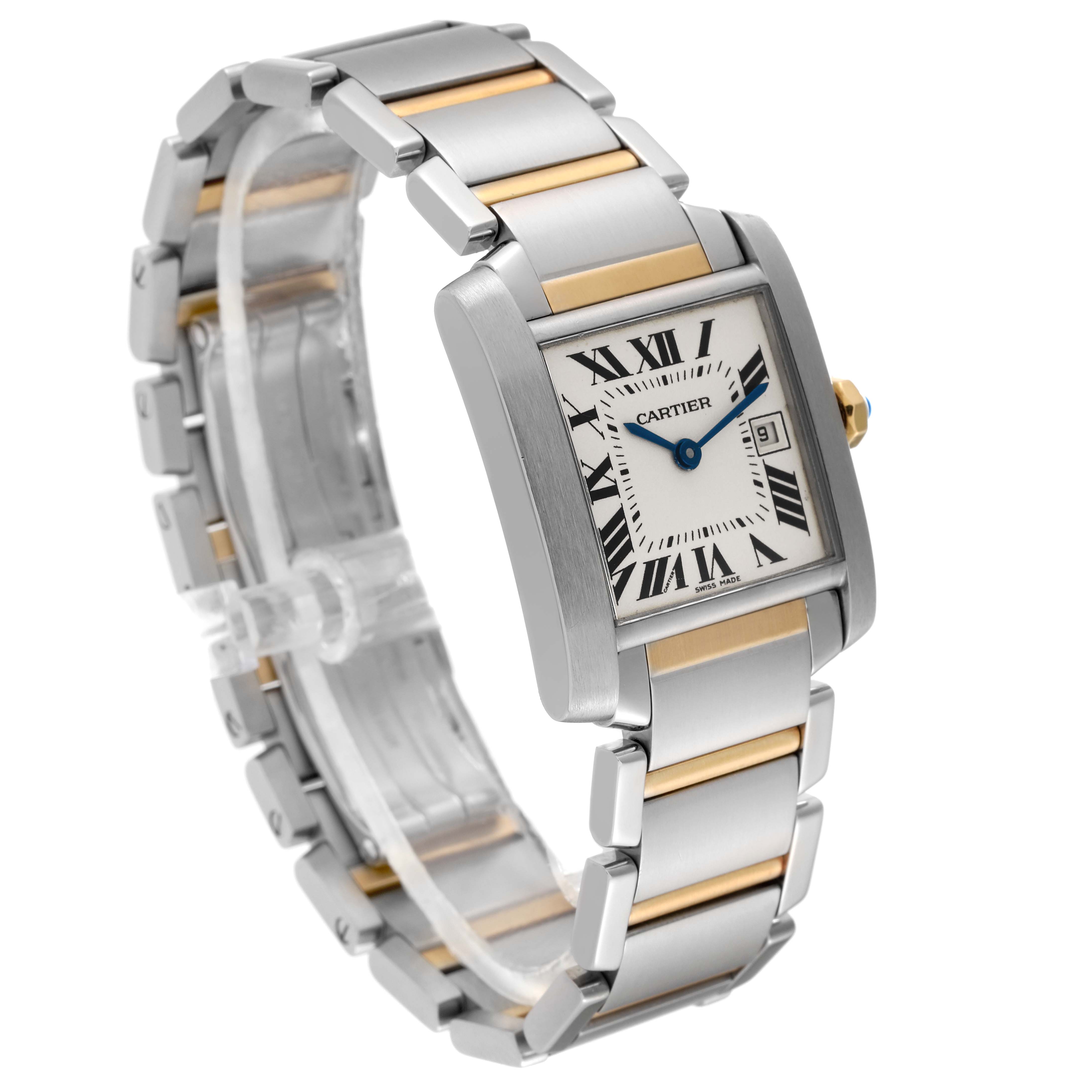 This image shows the Cartier Tank Francaise W51012Q4 Women's Steel and Gold (two tone) Silver Dial W51012Q4 Women's Steel and Gold (two tone) Silver Dial watch at a slight angle, highlighting its face, bracelet, and crown.