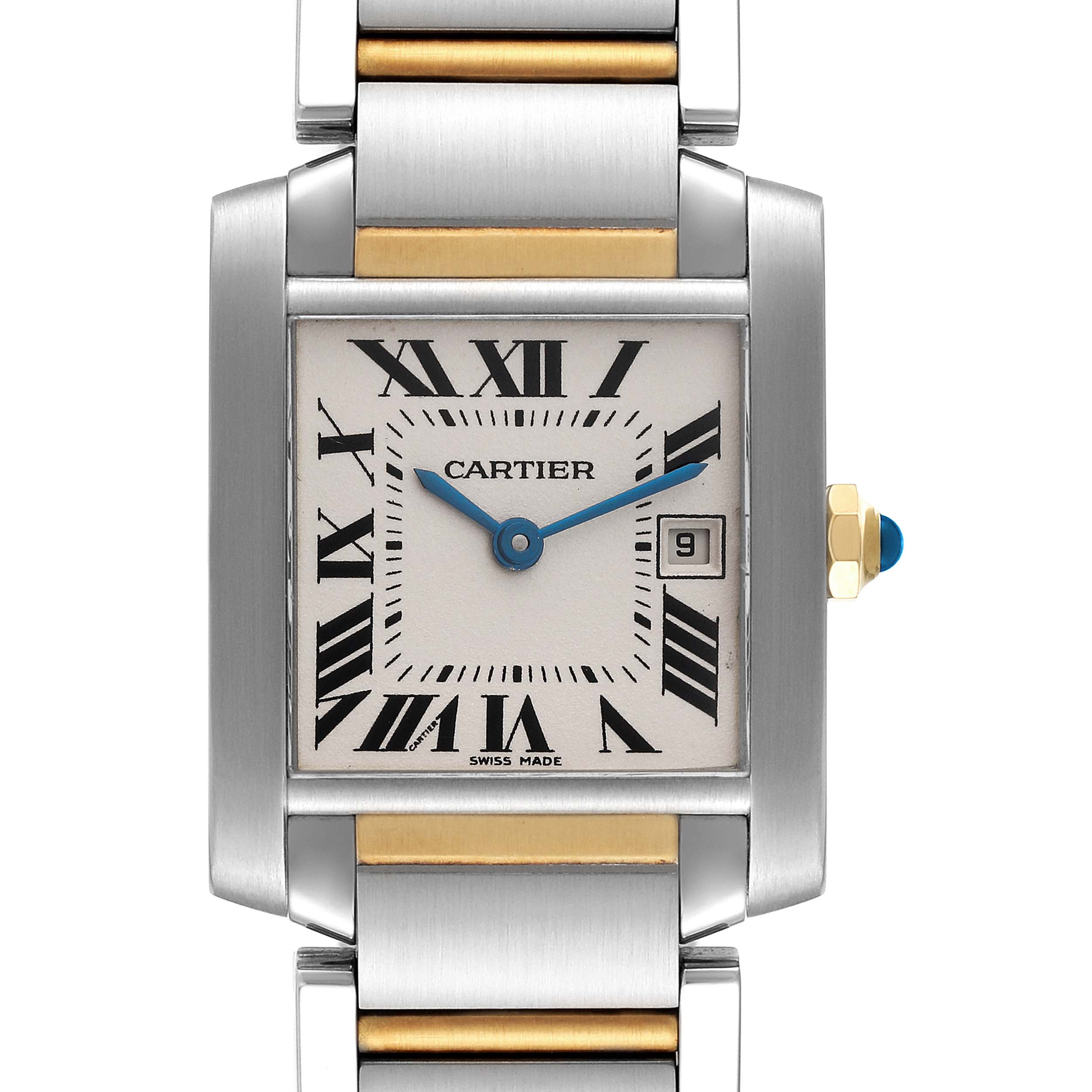 The image shows a front view of a Cartier Tank Francaise W51012Q4 Women's Steel and Gold (two tone) Silver Dial W51012Q4 Women's Steel and Gold (two tone) Silver Dial watch, featuring its face, hands, date window, and part of its bracelet.