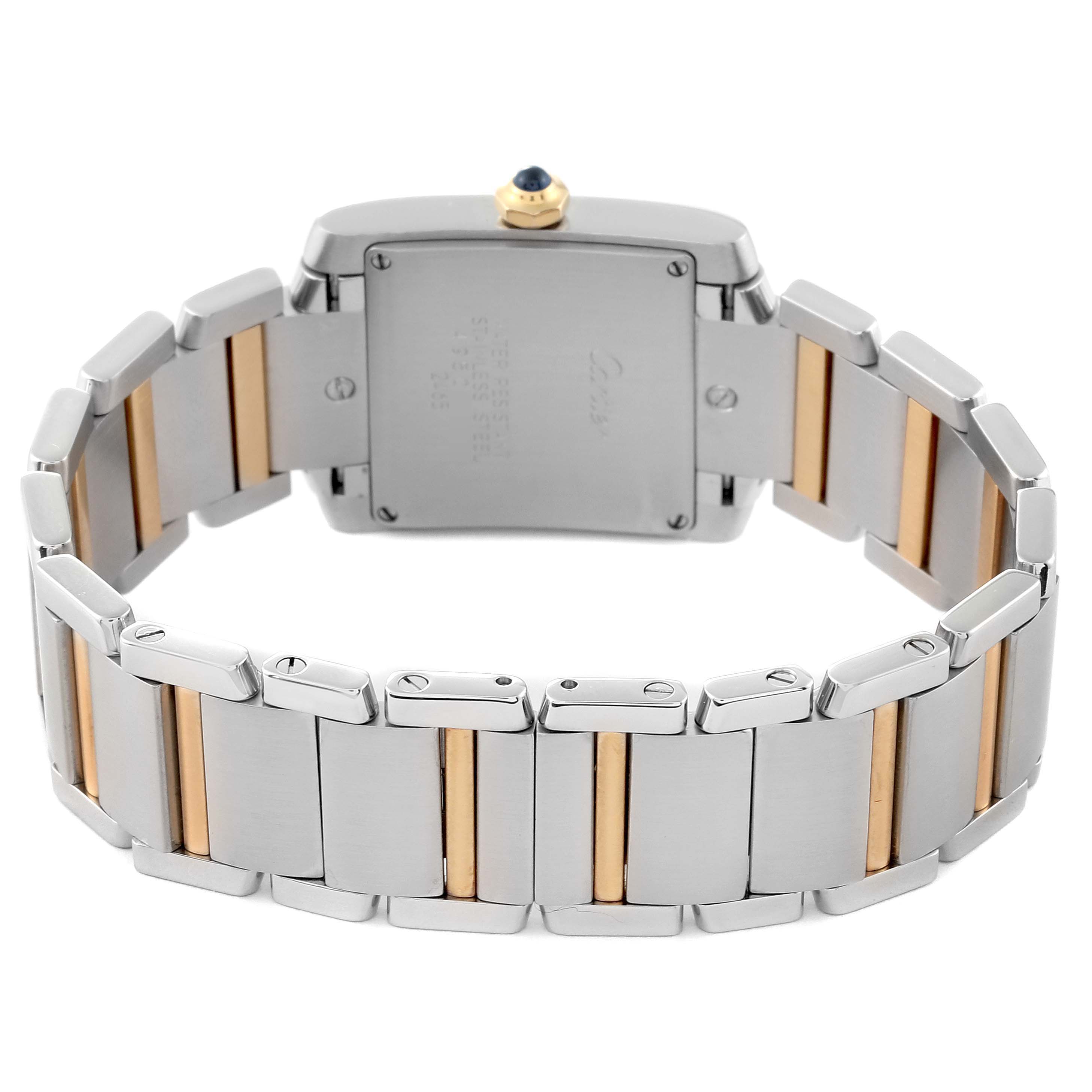 The image shows the back view of a Cartier Tank Française watch, highlighting its case and two-tone bracelet.