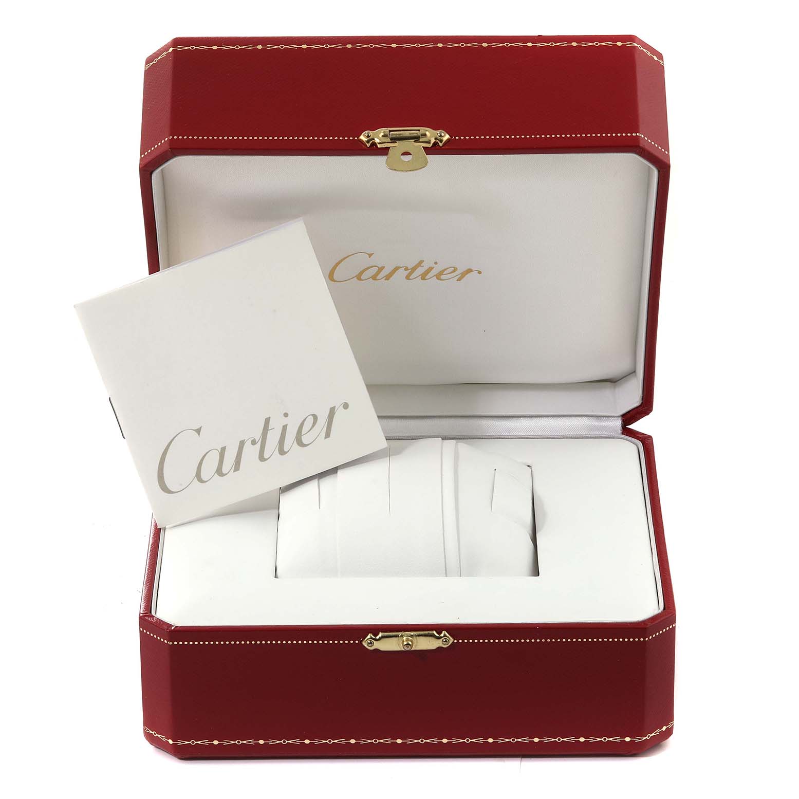 This image shows a red Cartier watch box for the Tank Française model, with the interior and a booklet visible.