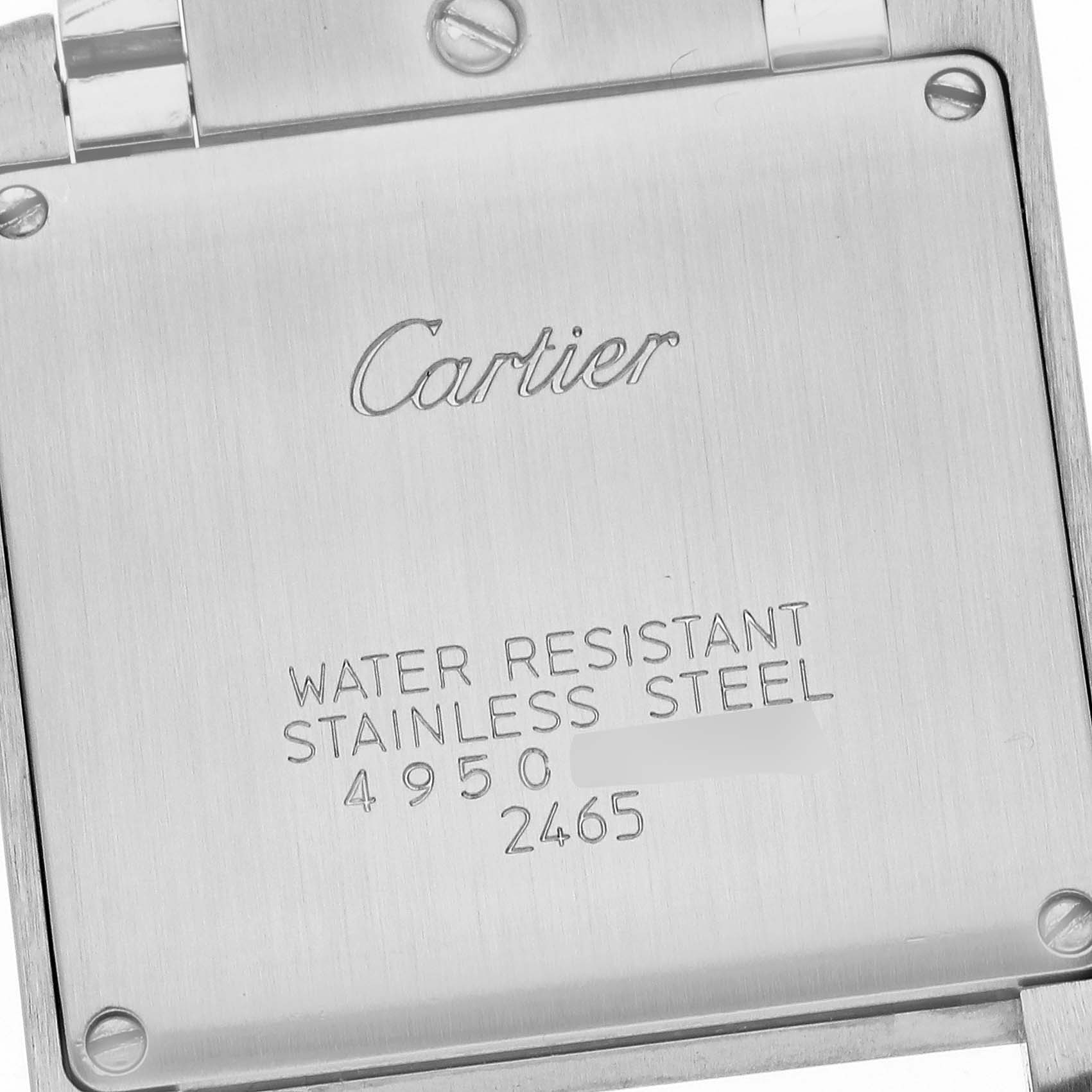 The image shows the back case of a Cartier Tank Francaise W51012Q4 Women's Steel and Gold (two tone) Silver Dial W51012Q4 Women's Steel and Gold (two tone) Silver Dial watch with branding and specifications.