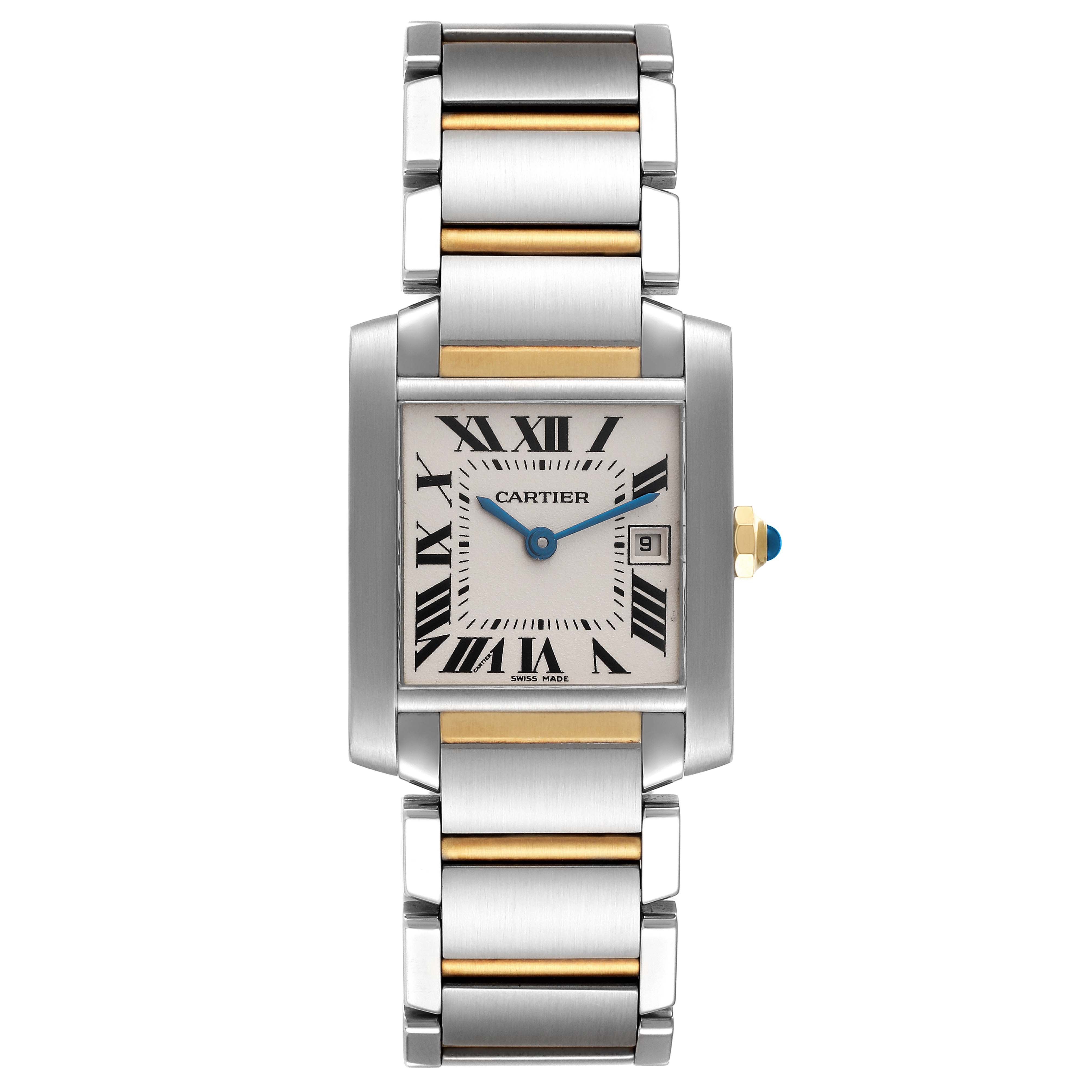 The image shows a full frontal view of a Cartier Tank Francaise W51012Q4 Women's Steel and Gold (two tone) Silver Dial W51012Q4 Women's Steel and Gold (two tone) Silver Dial watch, displaying its rectangular face, Roman numerals, and bracelet.