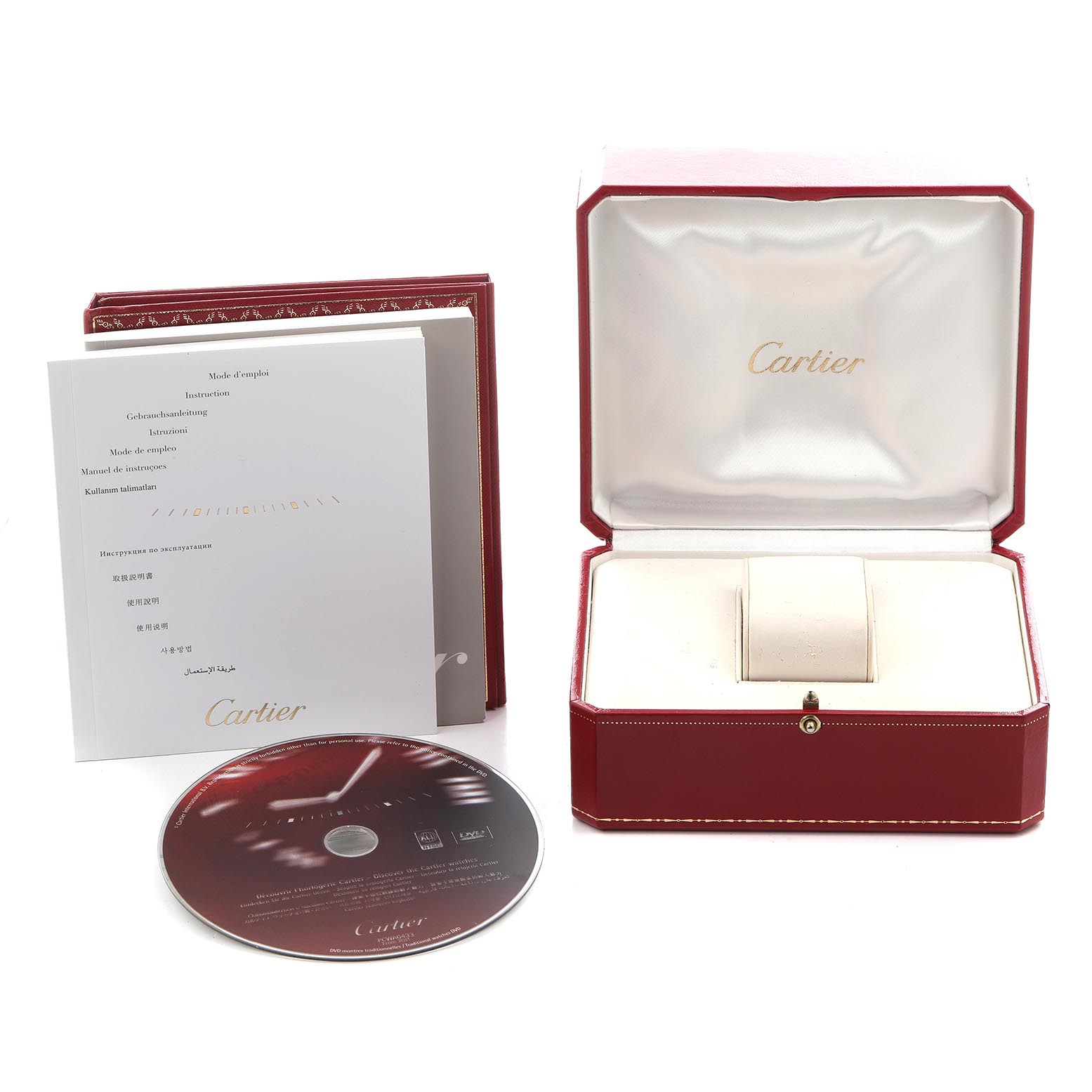 The image shows a Cartier Tank Française watch box, a manual, and a CD, viewed from the front.