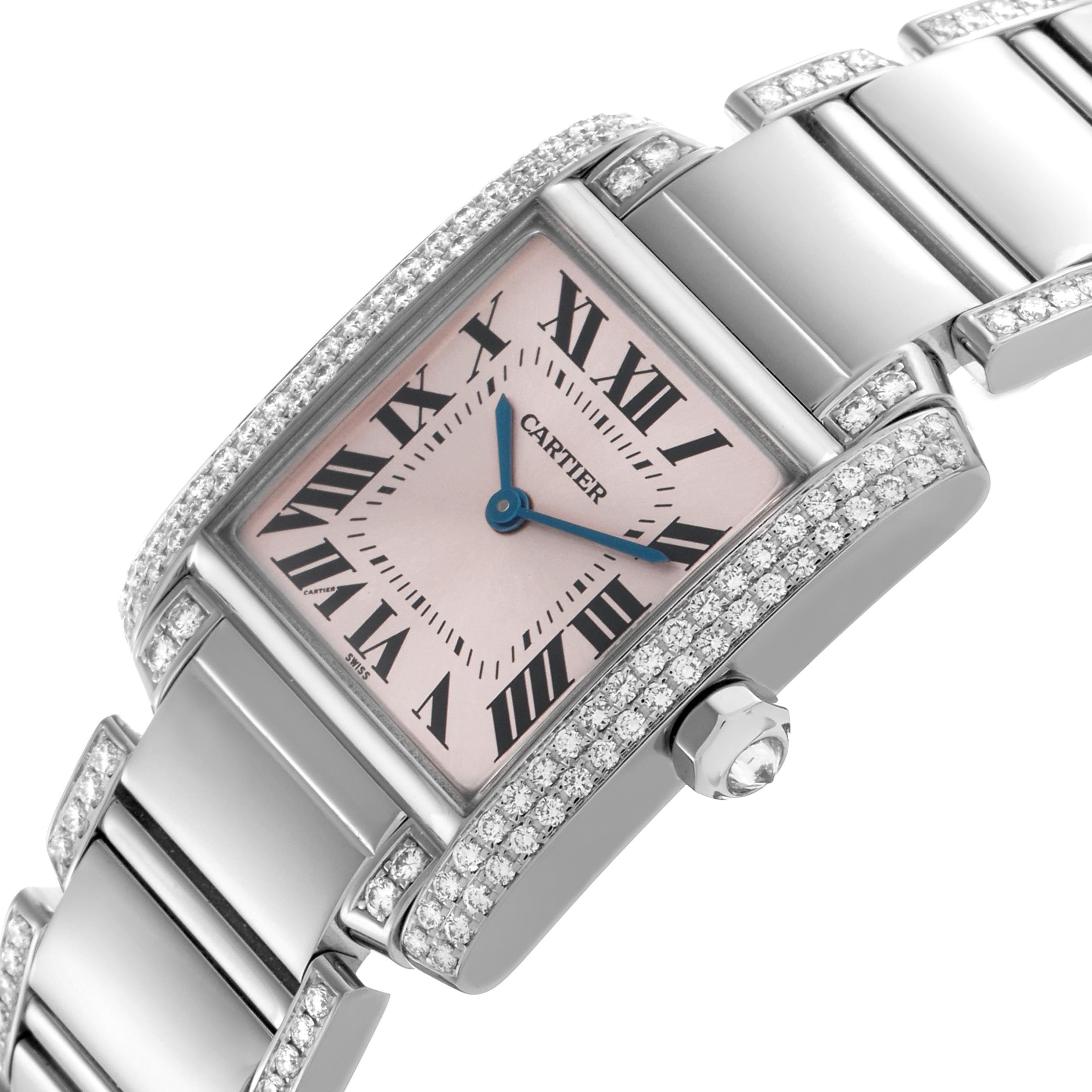 The Cartier Tank Francaise WE1014SC Women's White Gold Pink Dial WE1014SC Women's White Gold Pink Dial watch is shown at an angled view, highlighting the case, bezel with diamonds, bracelet, and crown.