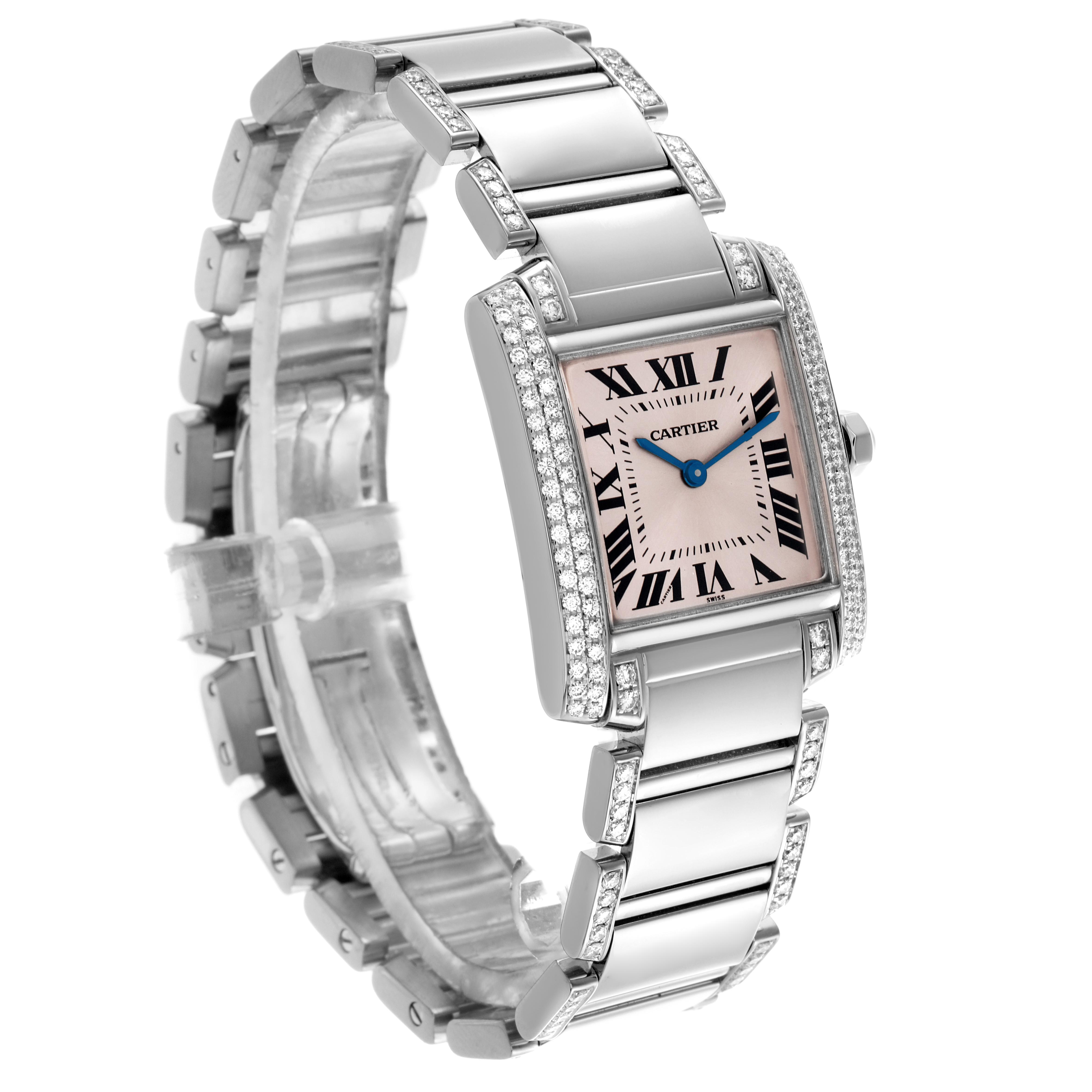 The Cartier Tank Française watch is shown at a three-quarter angle, displaying its face, diamond-set bezel, and bracelet.