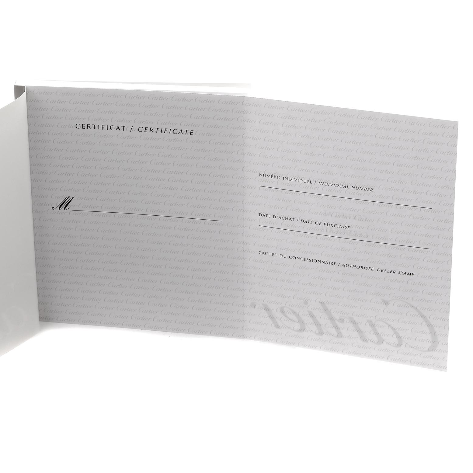 The image shows an open certificate booklet for the Cartier Tank Française watch, displaying fields for individual number and date of purchase.