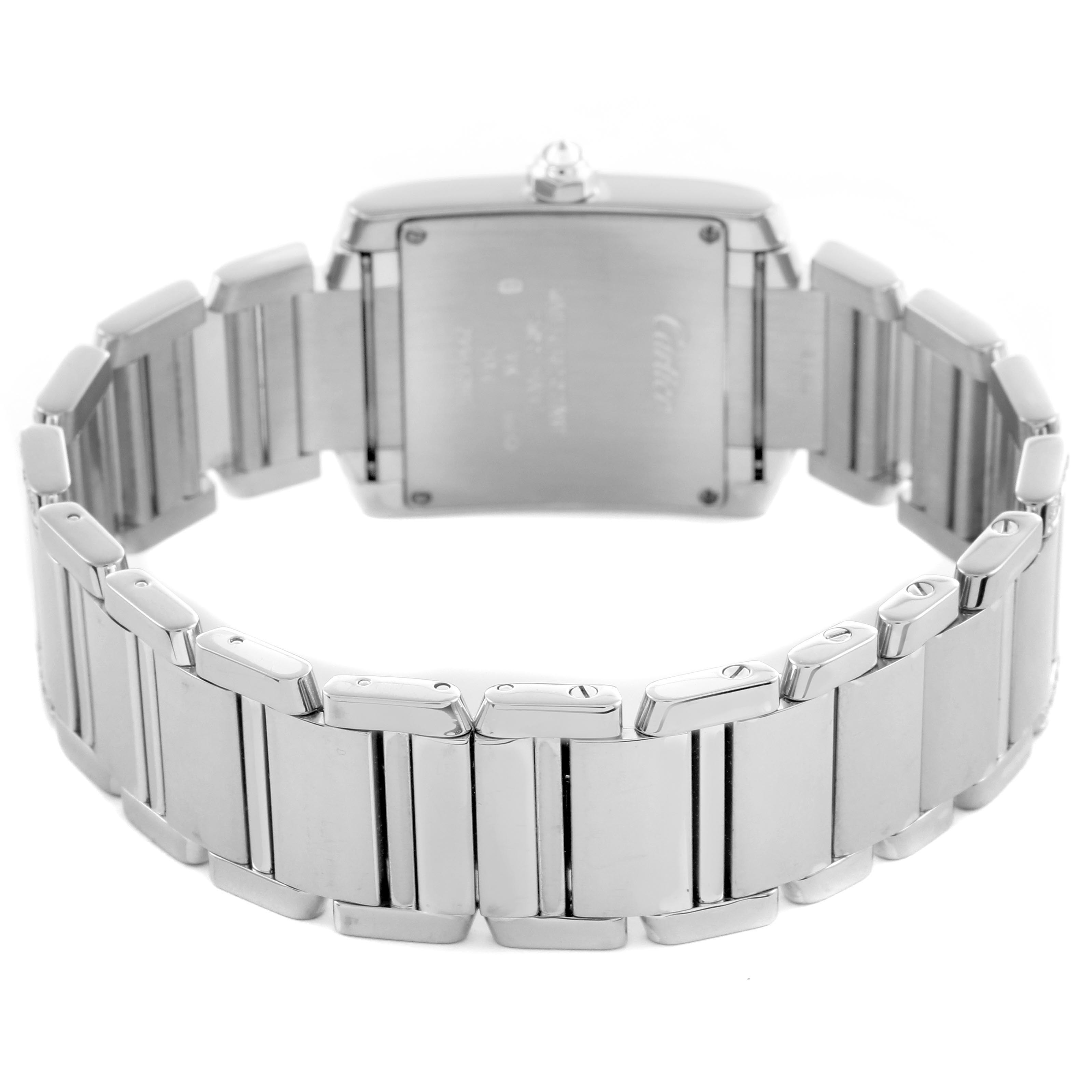 The image shows the back view of a Cartier Tank Francaise WE1014SC Women's White Gold Pink Dial WE1014SC Women's White Gold Pink Dial watch, highlighting the metal bracelet and case back.