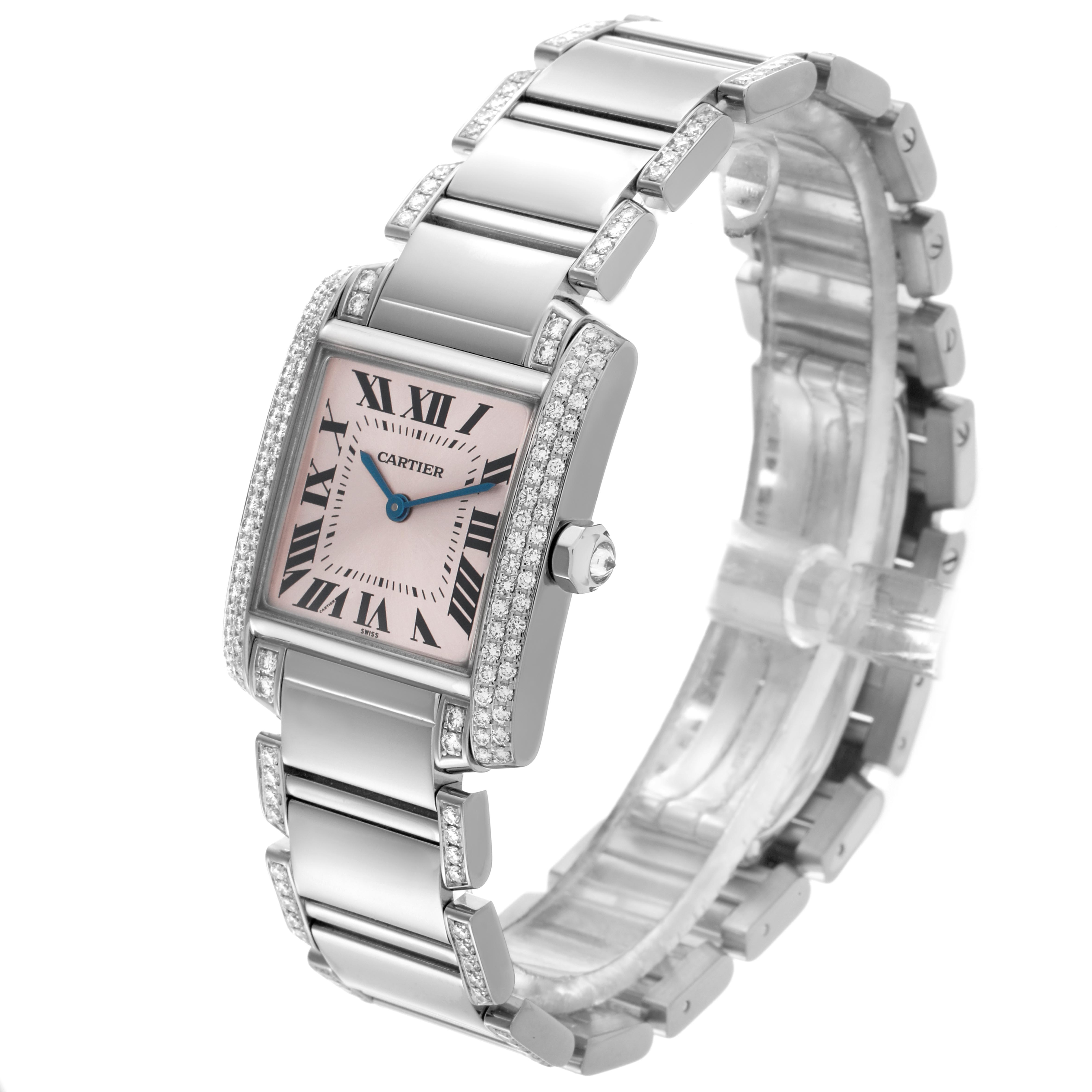 The Cartier Tank Française watch is shown at an angled view, displaying the face, bracelet, and side profile with diamond accents.