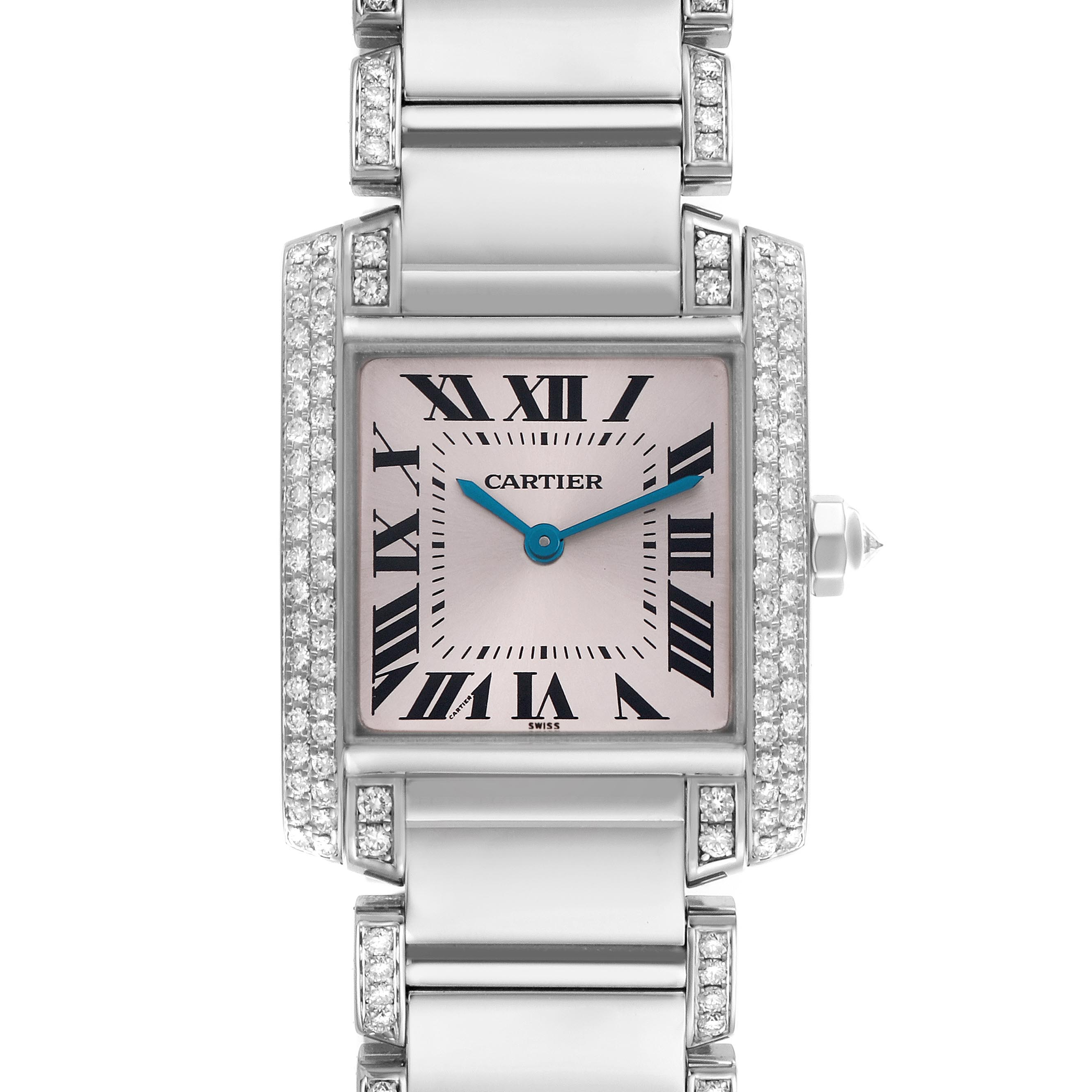 The Cartier Tank Francaise WE1014SC Women's White Gold Pink Dial WE1014SC Women's White Gold Pink Dial watch is shown from a frontal angle, highlighting its face, bracelet, and bejeweled bezel.