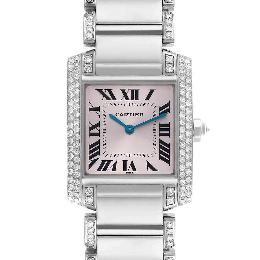 The Cartier Tank Francaise watch is shown from a frontal angle, highlighting its face, bracelet, and bejeweled bezel.