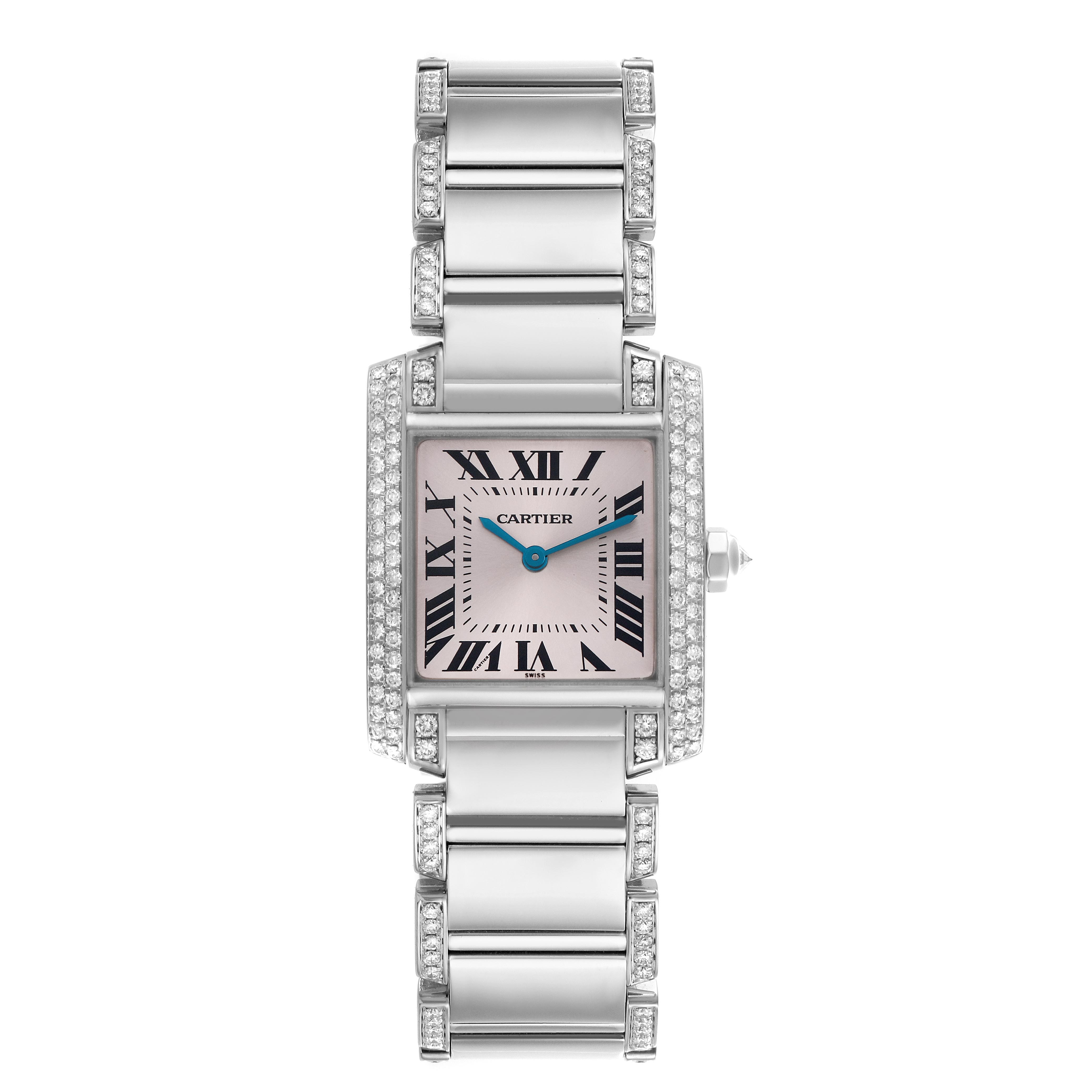 The Cartier Tank Française watch is shown from a front view, highlighting its square dial, Roman numerals, and diamond-studded bracelet.