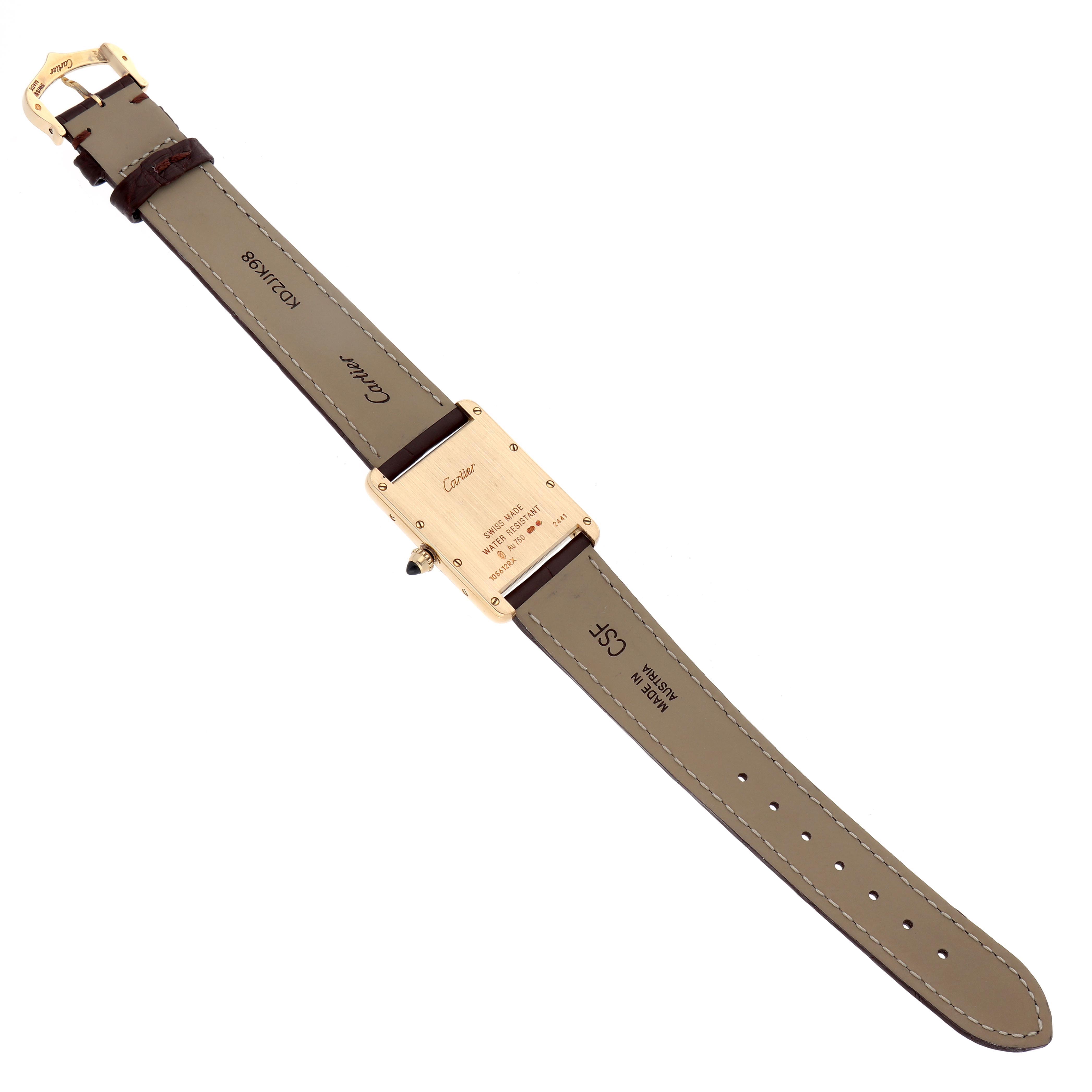 The image shows the back view of a Cartier Tank Louis W1529756 Men's Yellow Gold Silver Dial W1529756 Men's Yellow Gold Silver Dial watch, including the strap and case back.