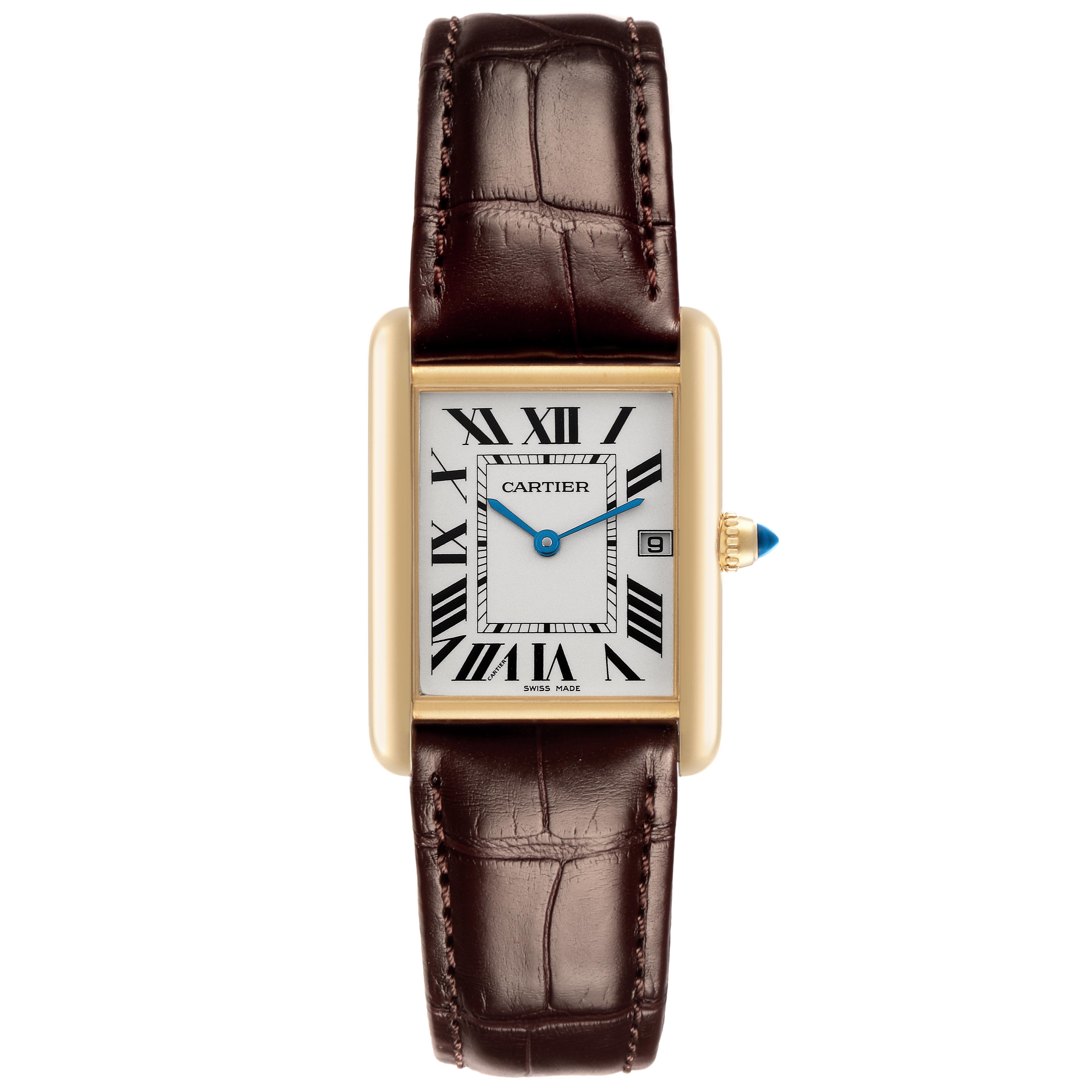 The Cartier Tank Louis W1529756 Men's Yellow Gold Silver Dial W1529756 Men's Yellow Gold Silver Dial watch is shown from the front, displaying the rectangular face, Roman numerals, blue hands, and a brown leather strap.
