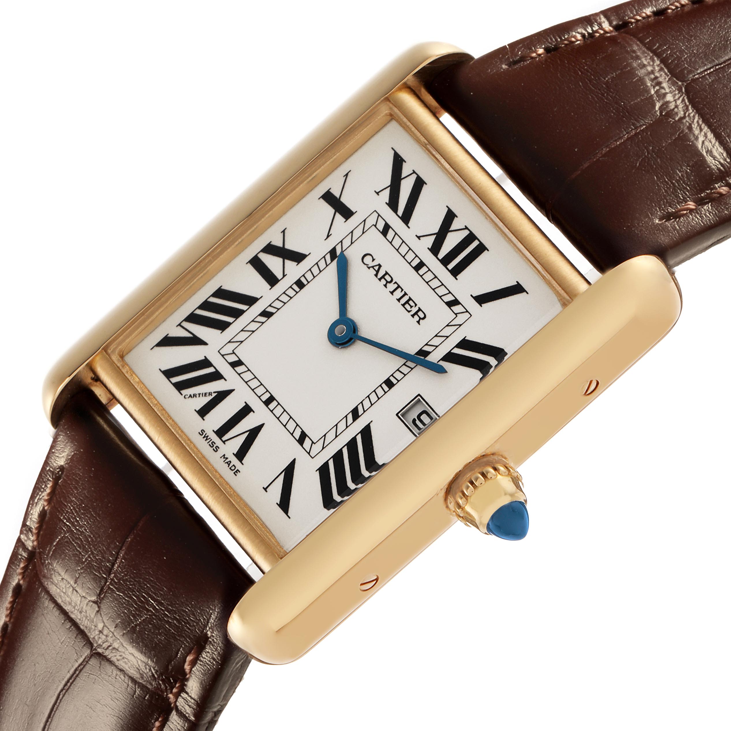 The Cartier Tank Louis W1529756 Men's Yellow Gold Silver Dial W1529756 Men's Yellow Gold Silver Dial watch is shown at an angle, displaying the dial, Roman numerals, blued hands, crown, and brown strap.