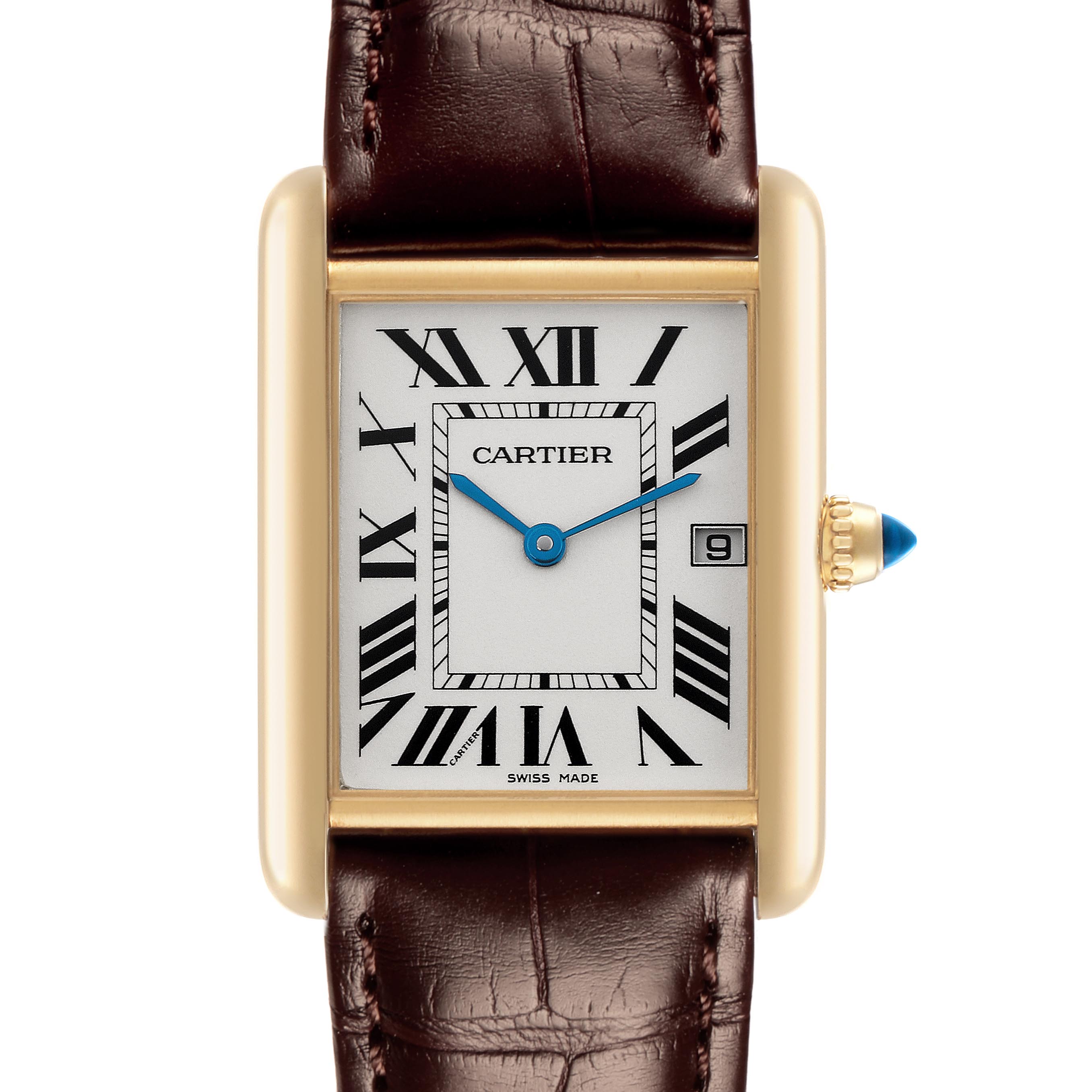 The Cartier Tank Louis W1529756 Men's Yellow Gold Silver Dial W1529756 Men's Yellow Gold Silver Dial watch is shown from the front, highlighting the dial, hands, crown, and brown leather strap.