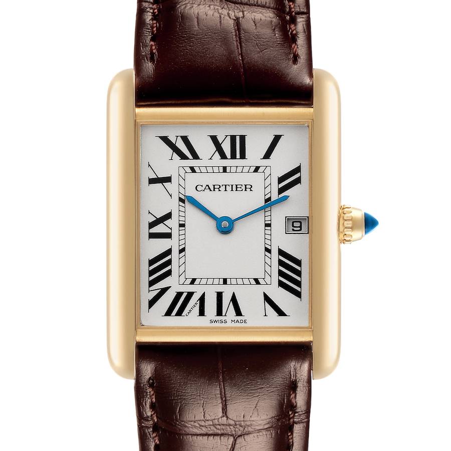 The Cartier Tank Louis watch is shown from the front, highlighting the dial, hands, crown, and brown leather strap.