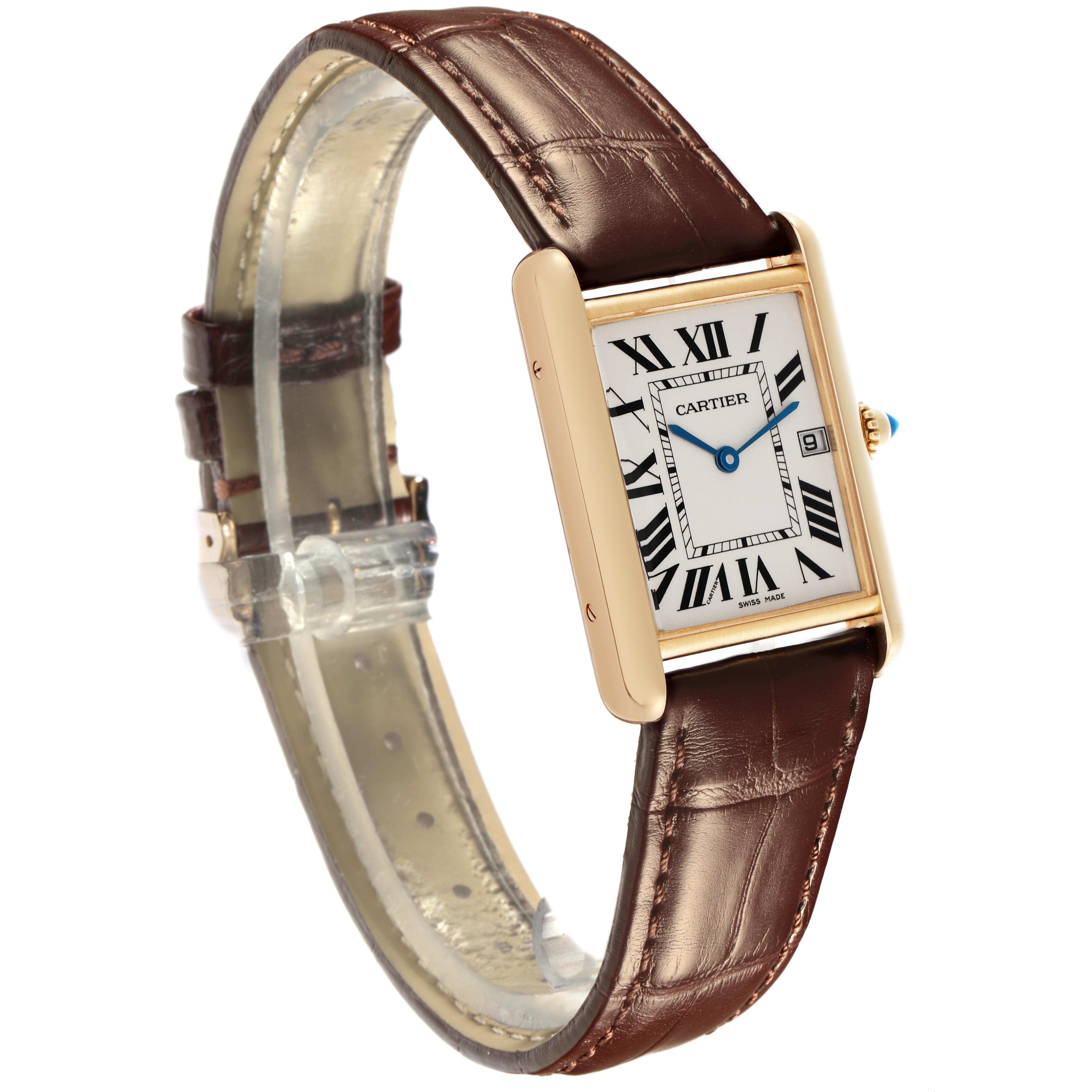 The Cartier Tank Louis W1529756 Men's Yellow Gold Silver Dial W1529756 Men's Yellow Gold Silver Dial watch is shown at a three-quarter angle, highlighting the dial, case, and brown leather strap.