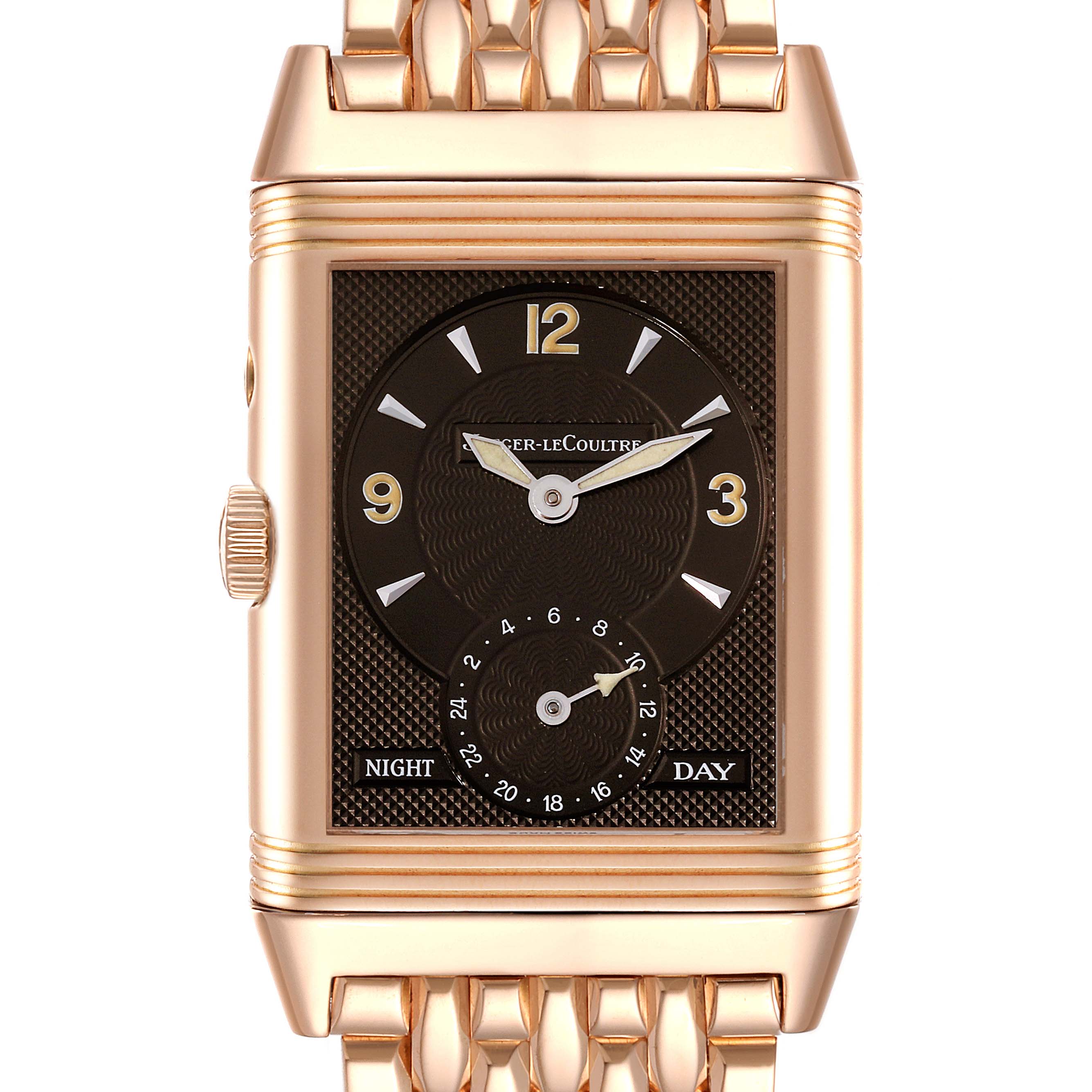 The image displays a front view of the Jaeger LeCoultre Reverso Q2702121 Men's Rose Gold Silver Dial Q2702121 Men's Rose Gold Silver Dial watch, highlighting its face, case, and part of the bracelet.