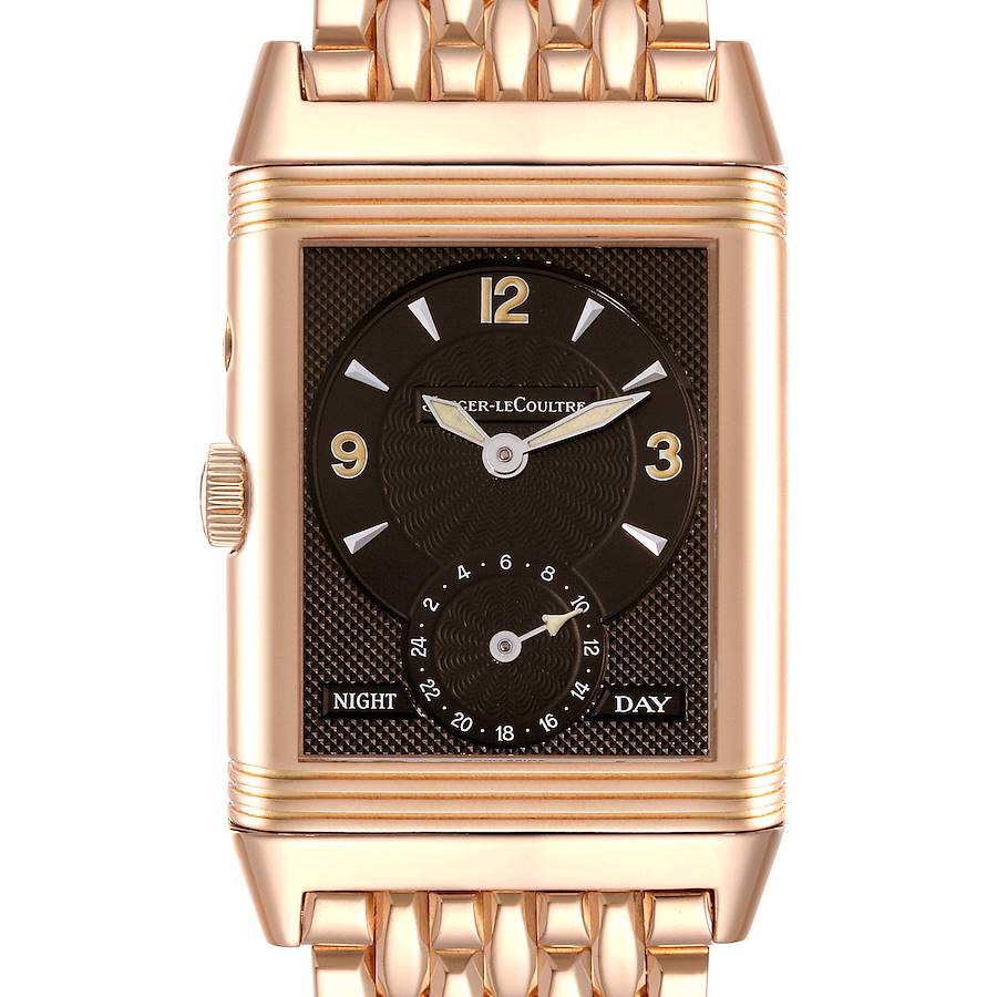 The image displays a front view of the Jaeger LeCoultre Reverso watch, highlighting its face, case, and part of the bracelet.