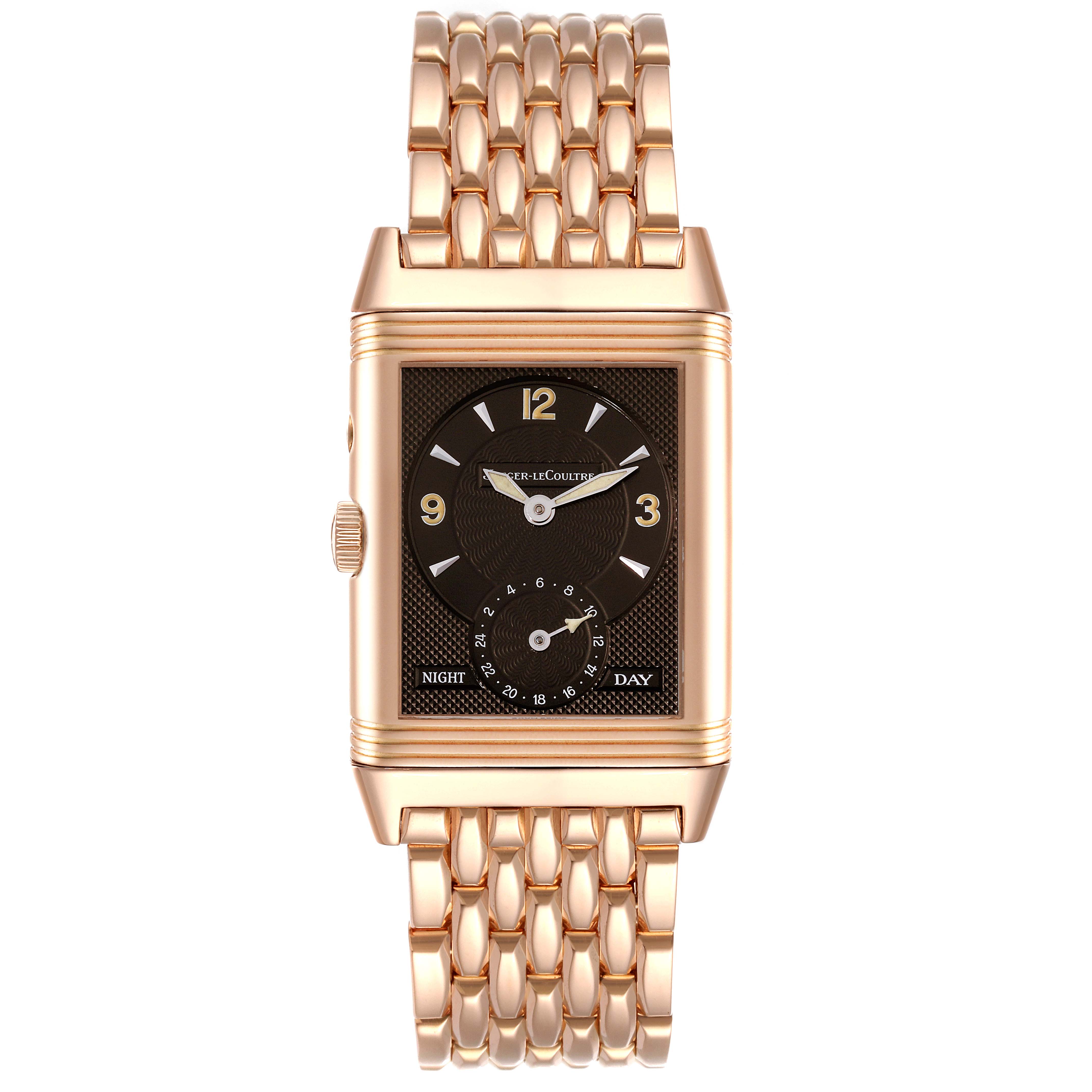 The image shows a frontal view of the Jaeger-LeCoultre Reverso watch, highlighting its rectangular dial, gold case, and bracelet.