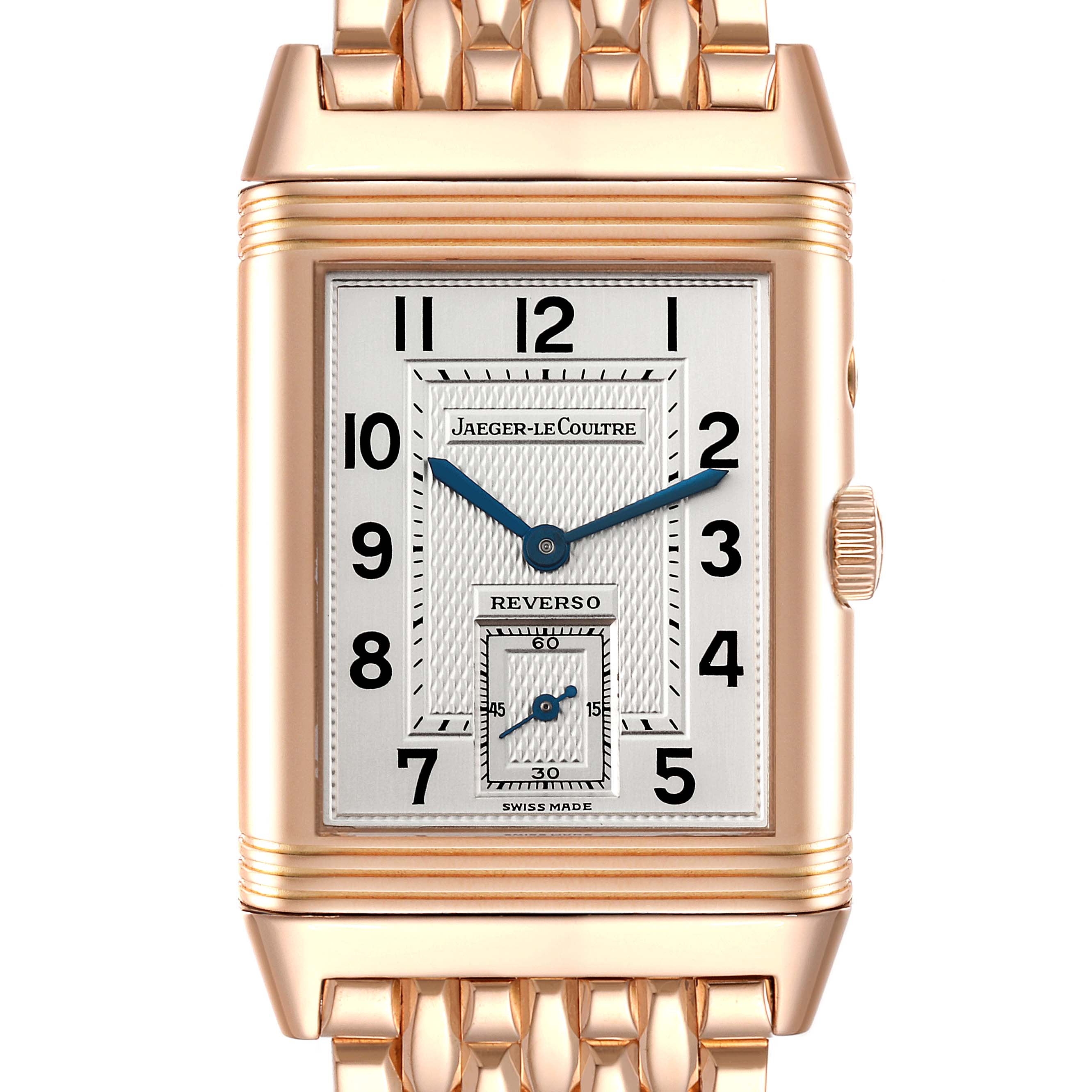 This image shows the front view of a Jaeger LeCoultre Reverso Q2702121 Men's Rose Gold Silver Dial Q2702121 Men's Rose Gold Silver Dial watch, highlighting its rectangular face and metallic strap.