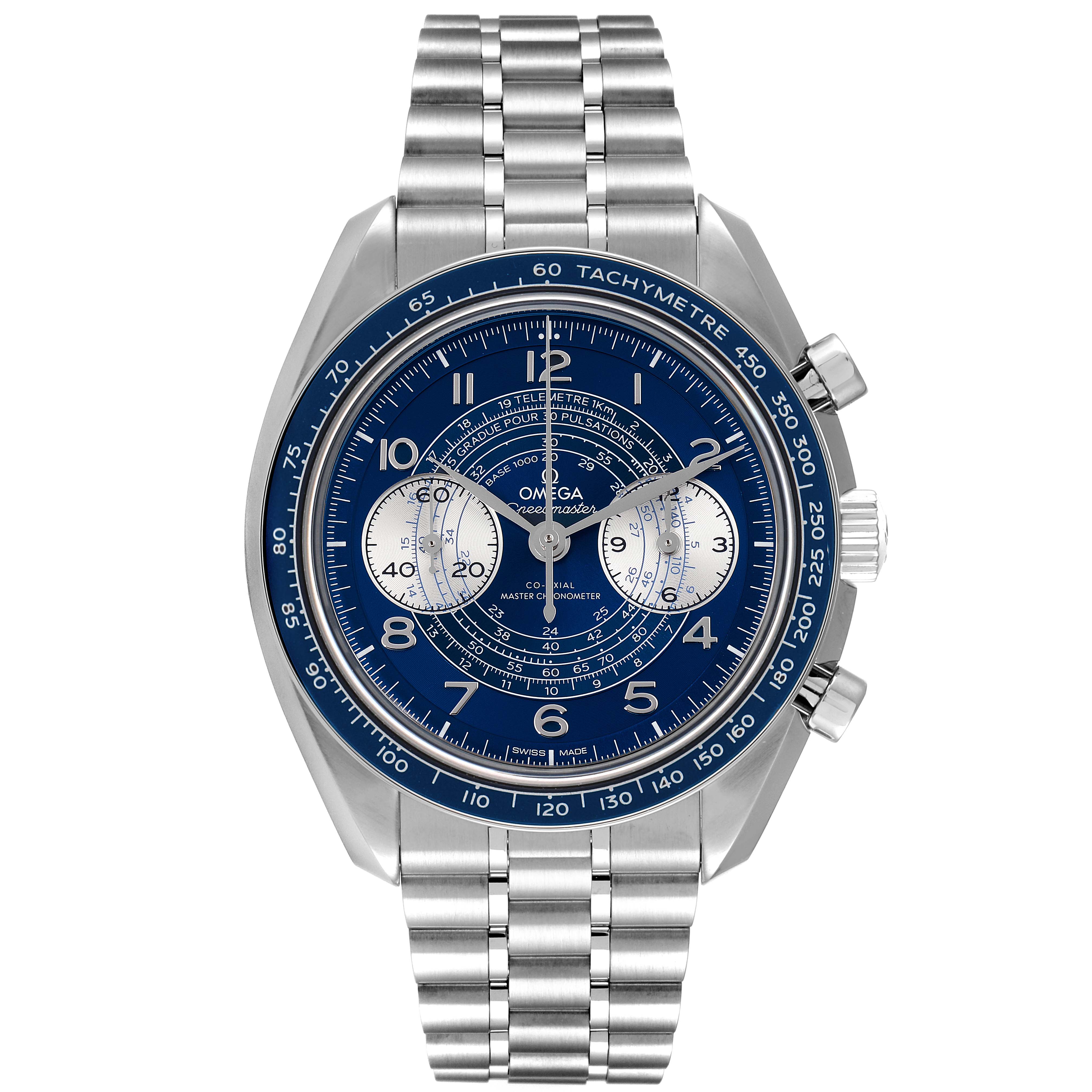 The image shows a frontal view of the Omega Speedmaster 329.30.43.51.03.001 Men's Stainless Steel Blue Dial 329.30.43.51.03.001 Men's Stainless Steel Blue Dial watch, displaying its blue dial, chronograph subdials, tachymeter bezel, and metal bracelet.