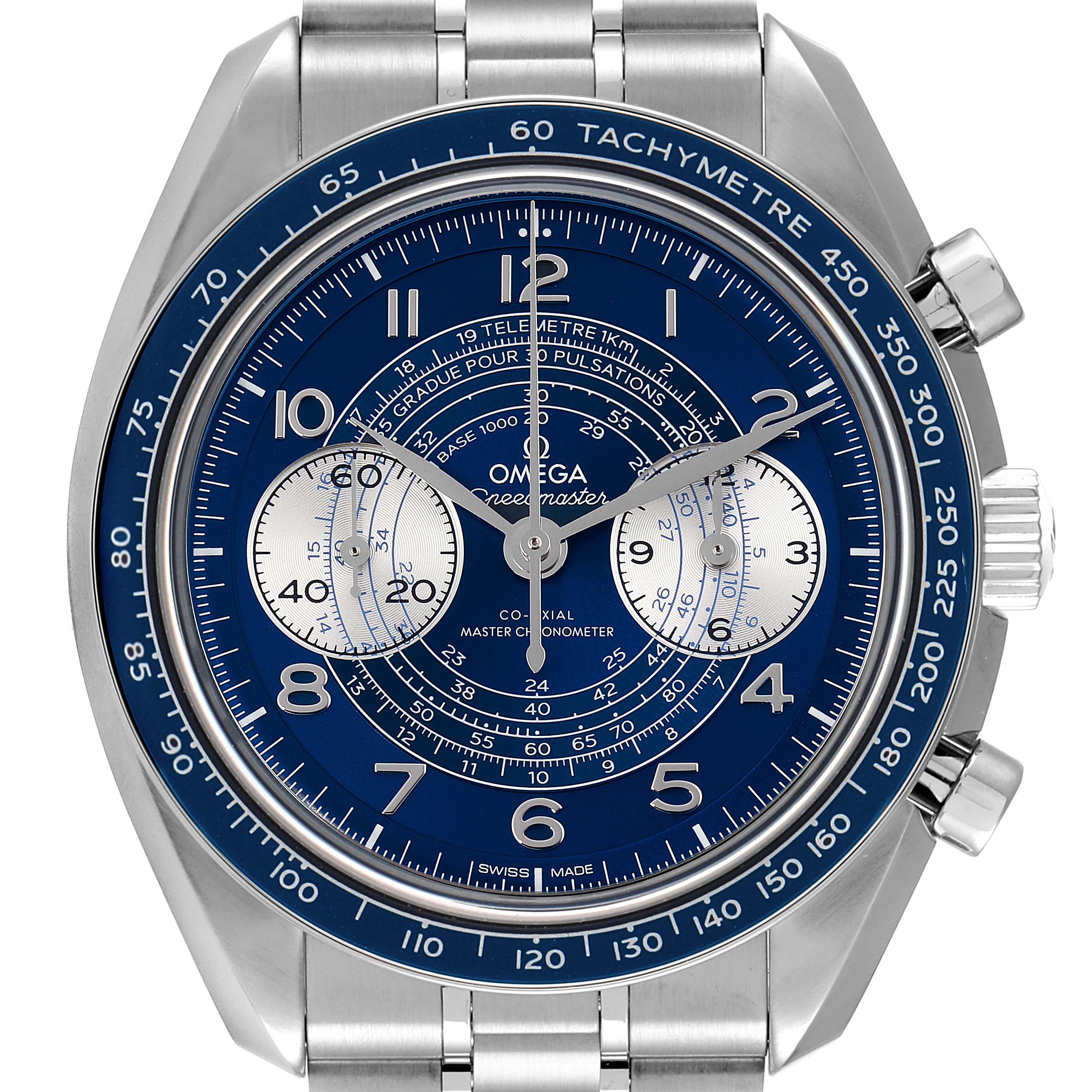 The image shows a front view of the Omega Speedmaster 329.30.43.51.03.001 Men's Stainless Steel Blue Dial 329.30.43.51.03.001 Men's Stainless Steel Blue Dial watch, highlighting its dial, subdials, bezel, and pushers.