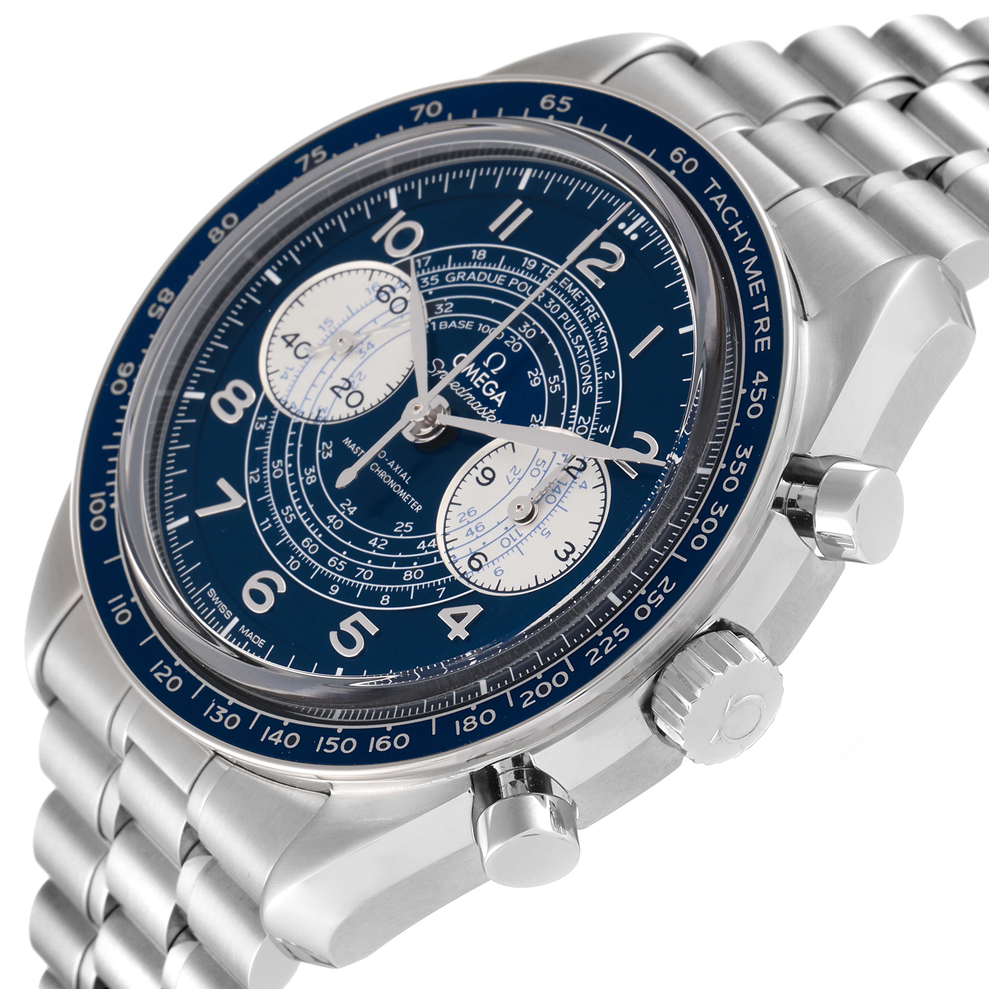 The image shows an angled front view of an Omega Speedmaster 329.30.43.51.03.001 Men's Stainless Steel Blue Dial 329.30.43.51.03.001 Men's Stainless Steel Blue Dial watch, highlighting its dial, bezel, and stainless steel bracelet.