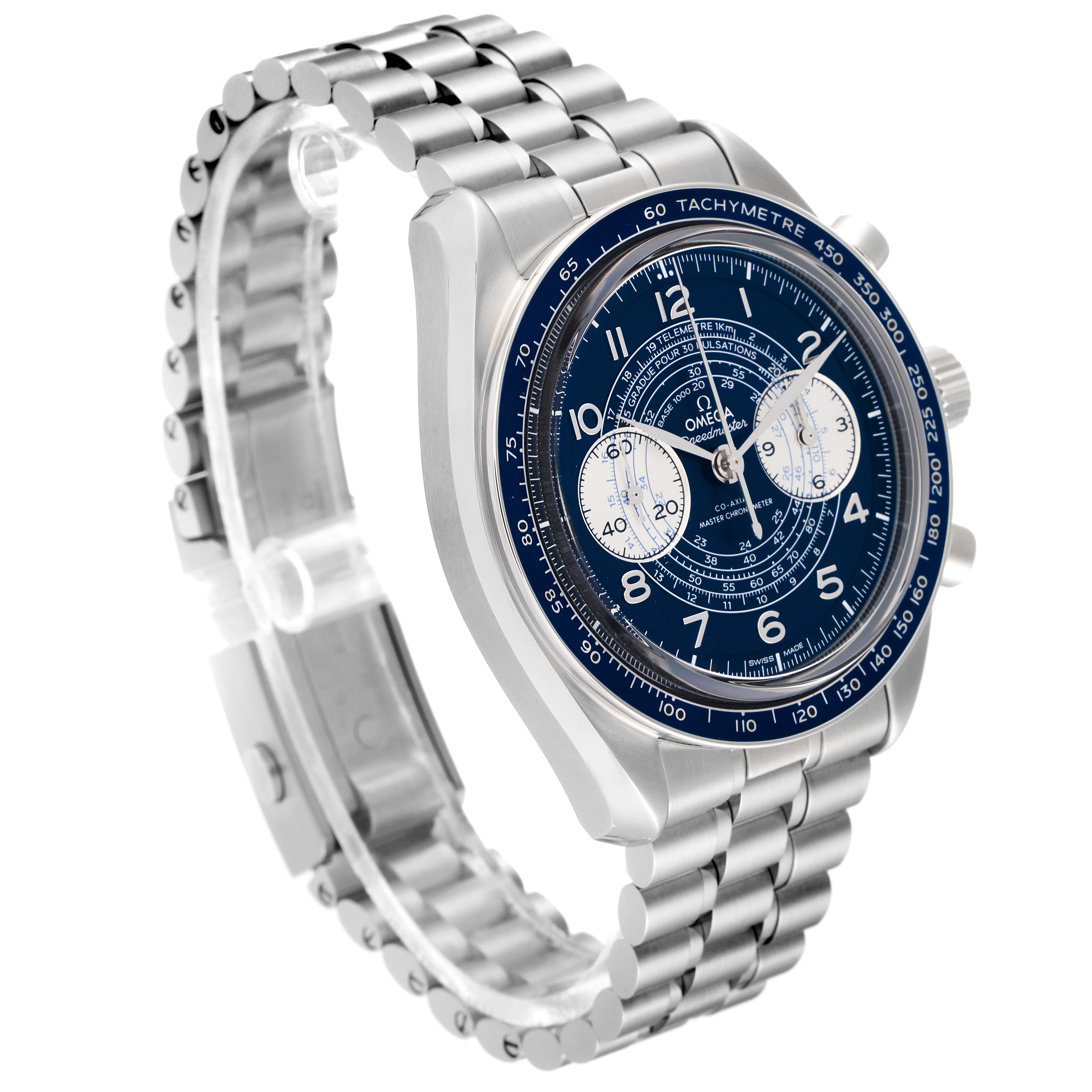 This image shows an Omega Speedmaster 329.30.43.51.03.001 Men's Stainless Steel Blue Dial 329.30.43.51.03.001 Men's Stainless Steel Blue Dial watch at a three-quarter angle, highlighting the face and metal bracelet.