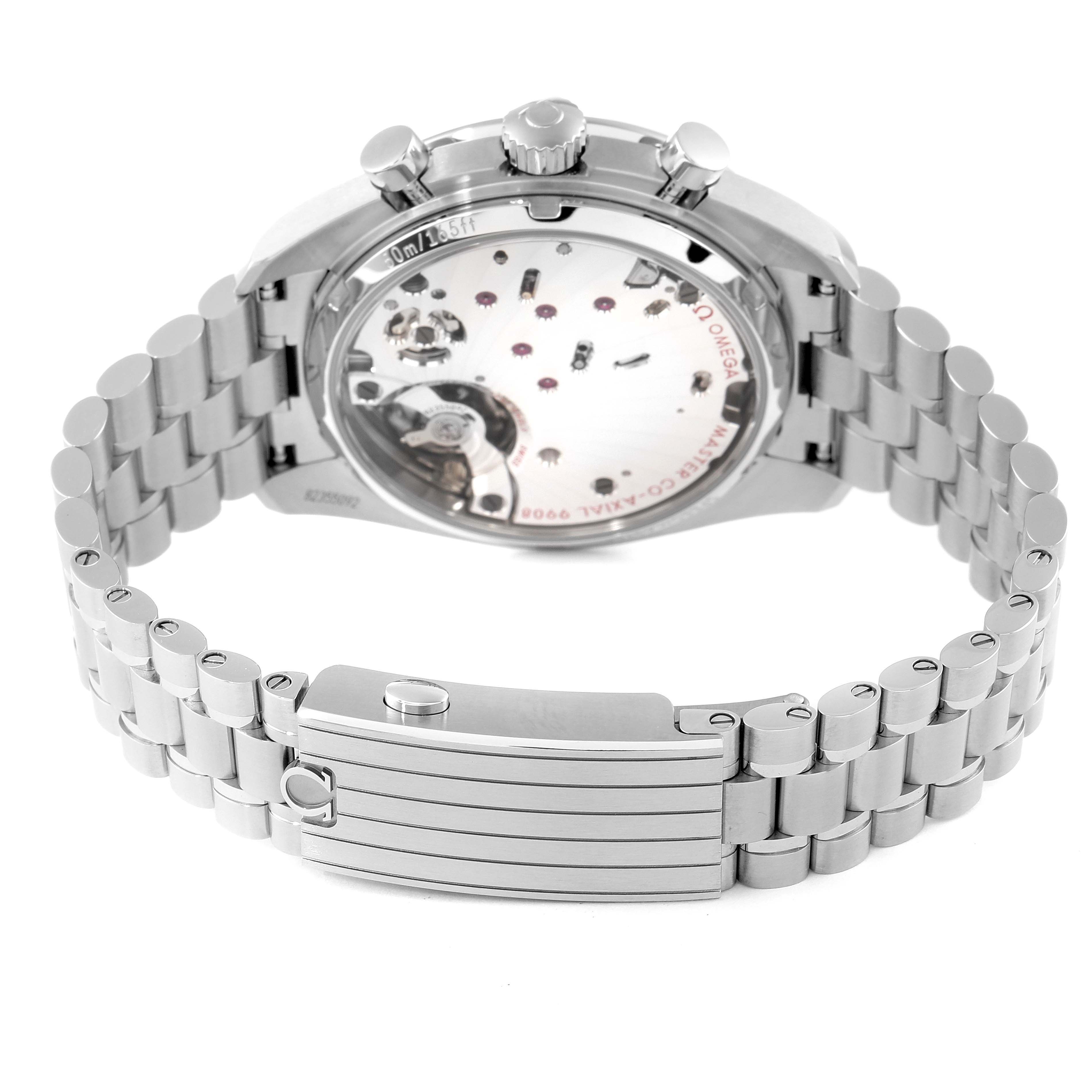 The image shows the back view of an Omega Speedmaster 329.30.43.51.03.001 Men's Stainless Steel Blue Dial 329.30.43.51.03.001 Men's Stainless Steel Blue Dial watch, highlighting its transparent case back and stainless steel bracelet.