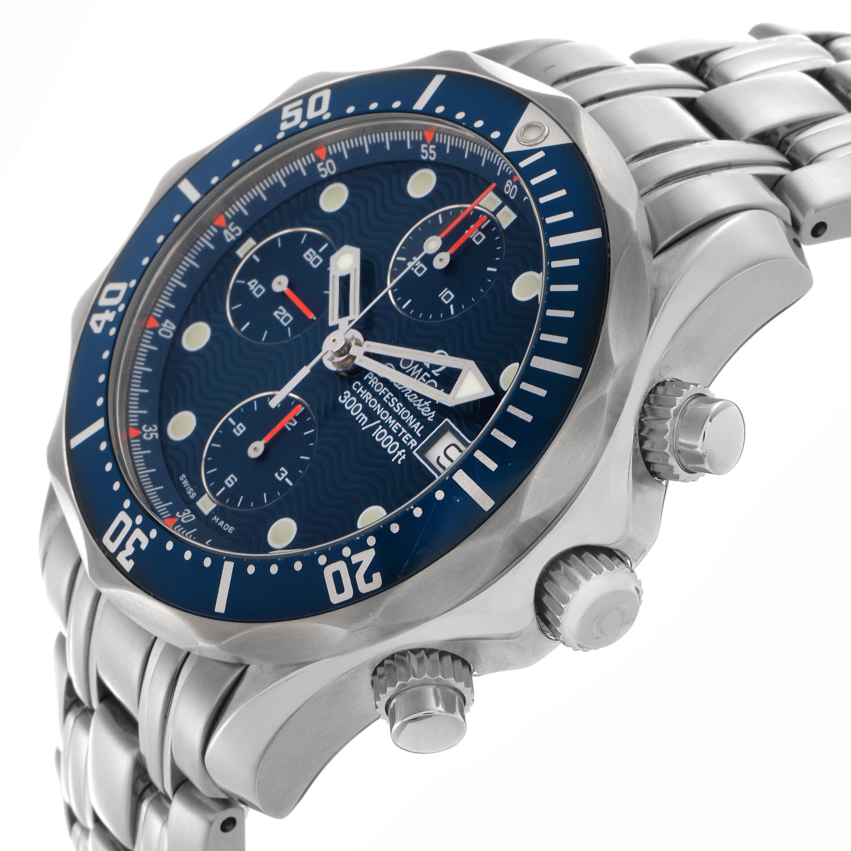 The image shows an angled side view of the Omega Seamaster 2599.80.00 Men
s Stainless Steel Blue Dial 2599.80.00 Men
s Stainless Steel Blue Dial, highlighting the bezel, face, crown, pushers, and part of the bracelet.