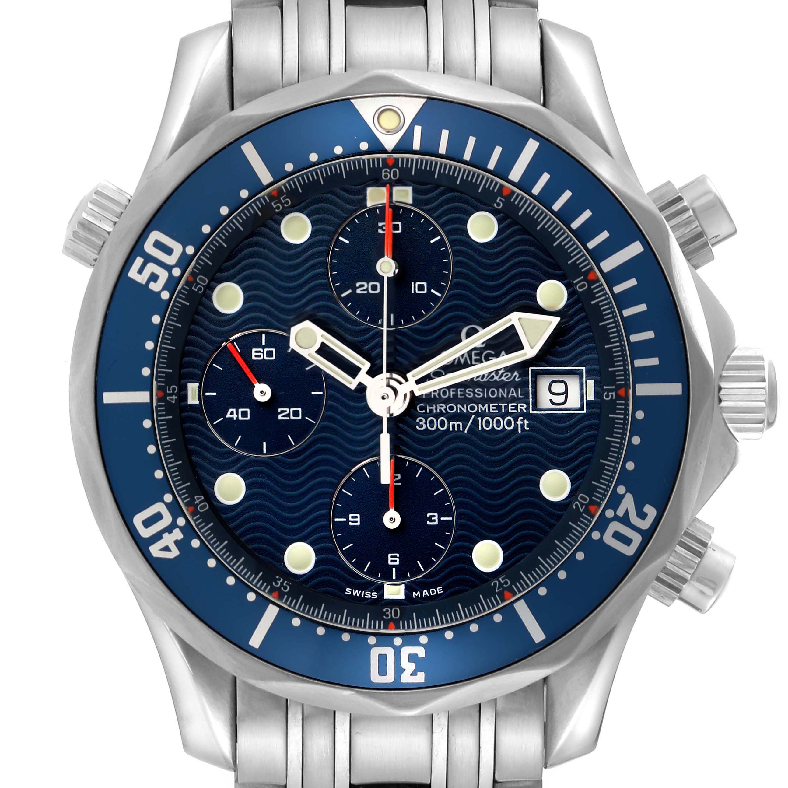 The Omega Seamaster 2599.80.00 Men
s Stainless Steel Blue Dial 2599.80.00 Men
s Stainless Steel Blue Dial watch is shown from the front, highlighting its blue dial, subdials, bezel, and date window.