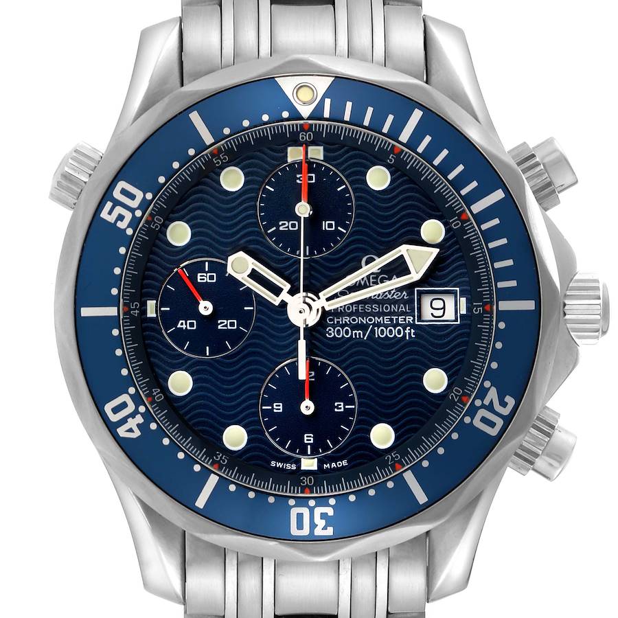 The Omega Seamaster watch is shown from the front, highlighting its blue dial, subdials, bezel, and date window.